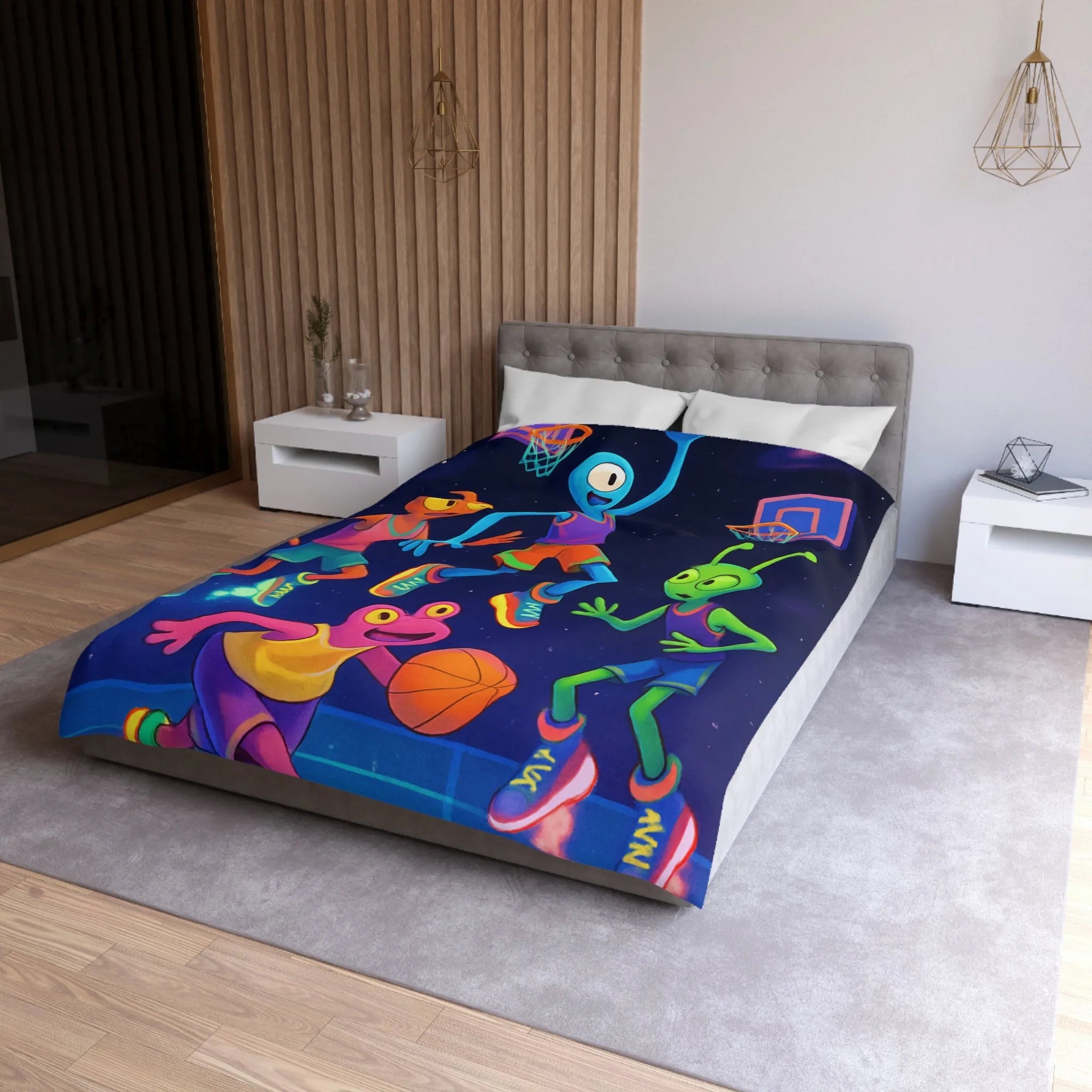Housse de couette avec extraterrestres jouant au basket, ambiance lumineuse et amusante