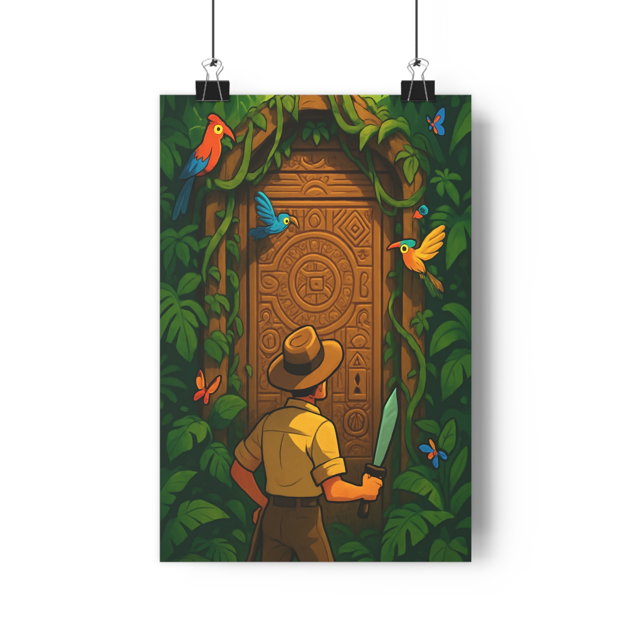 Poster décoratif aventurier jungle mystique vert jaune dessin animé chambre enfant exotique vibrant animaux
