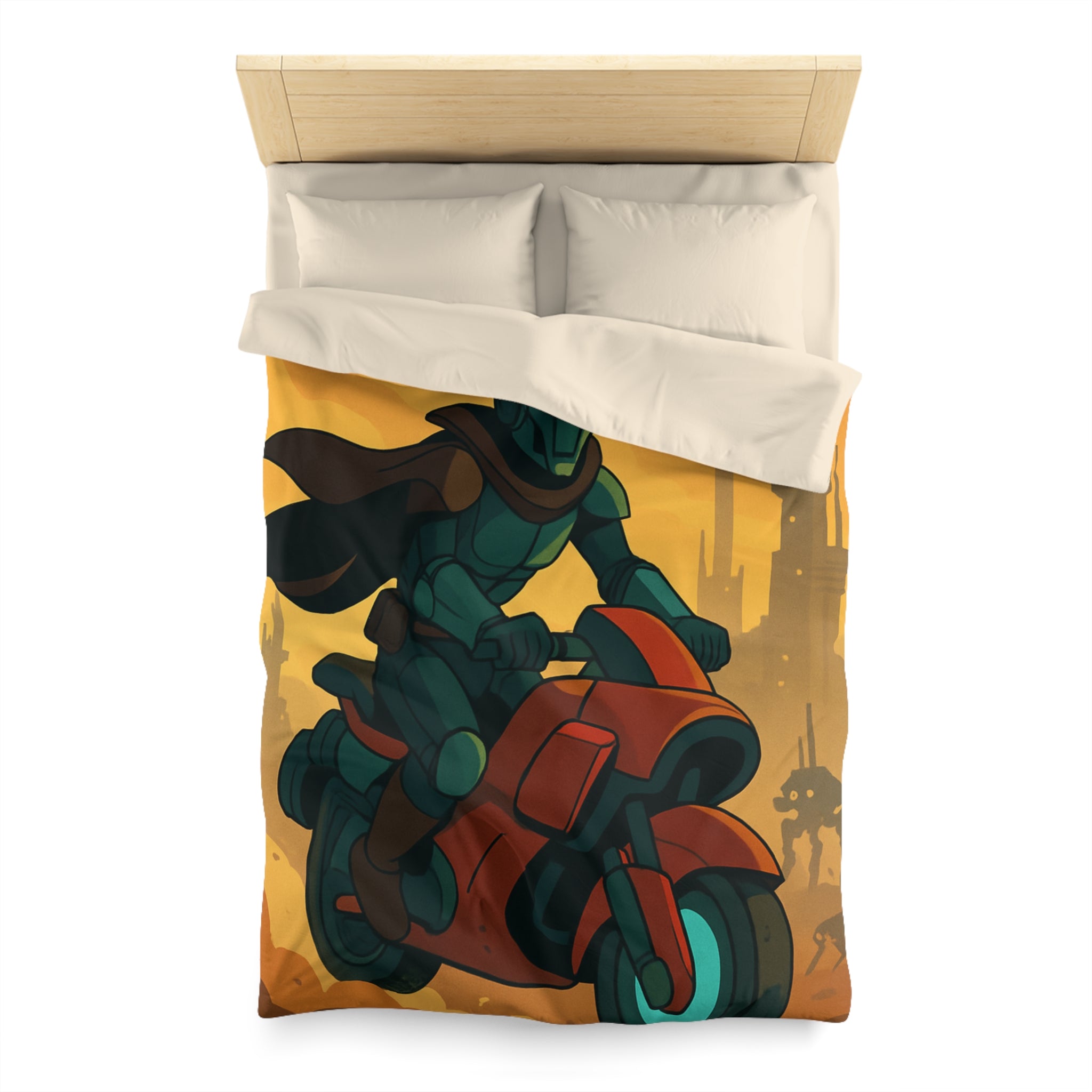 Housse de couette moto futuriste avec pilote en armure et paysage urbain orange