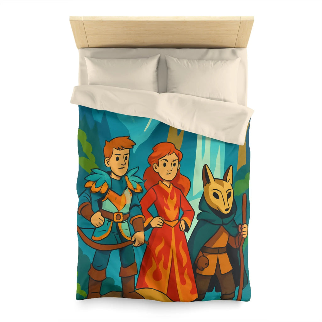 Housse de couette avec illustration aventureuse de personnages devant une cascade majestueuse