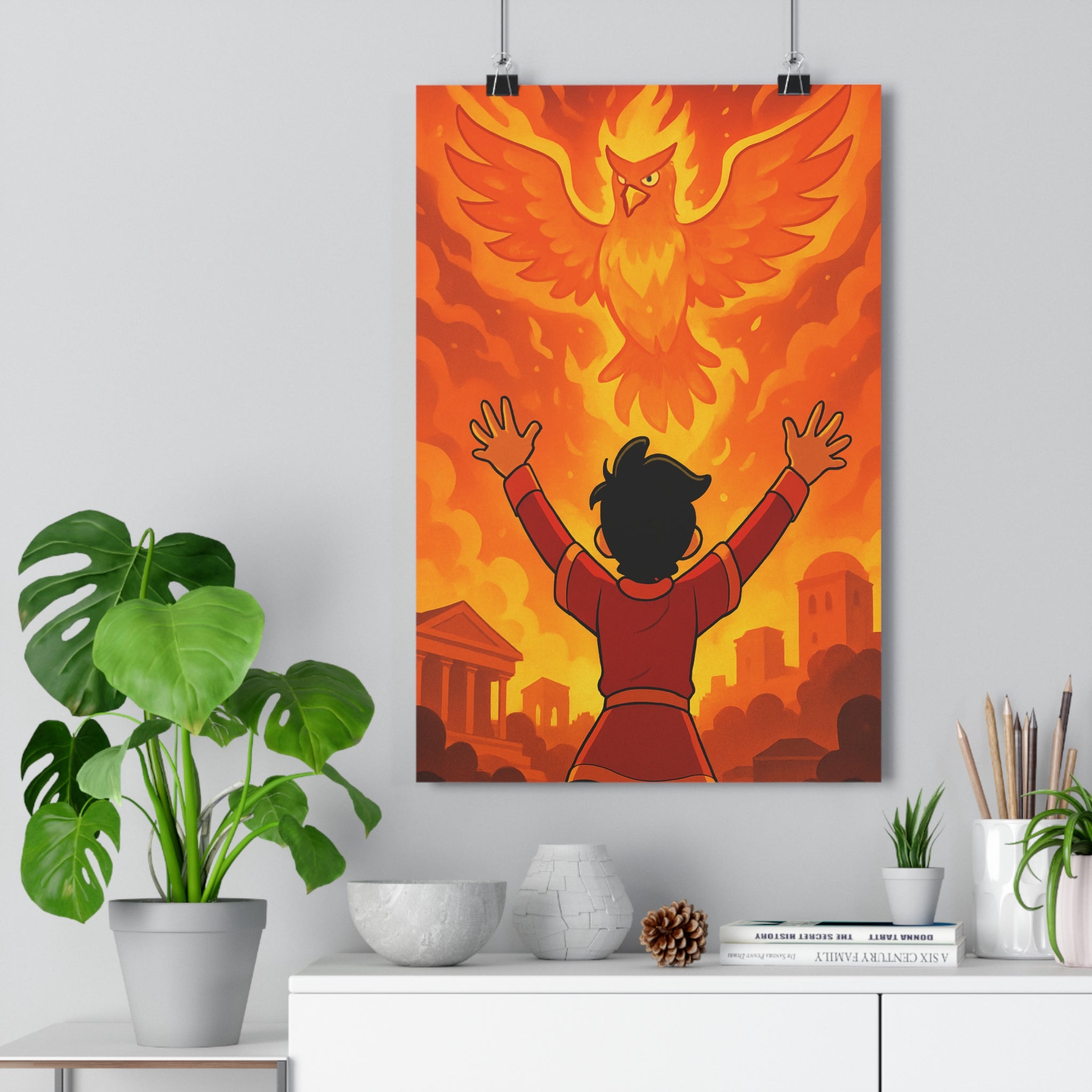 Poster décoratif animé phénix rouge orange mystique épique chambre salon ambiance intense captivant vibrant