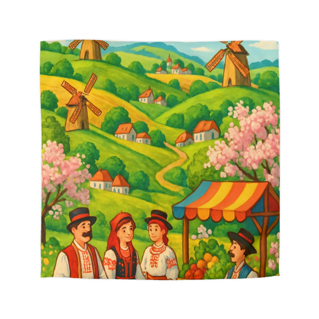 Housse de couette avec village champêtre, moulins et marché aux couleurs vives