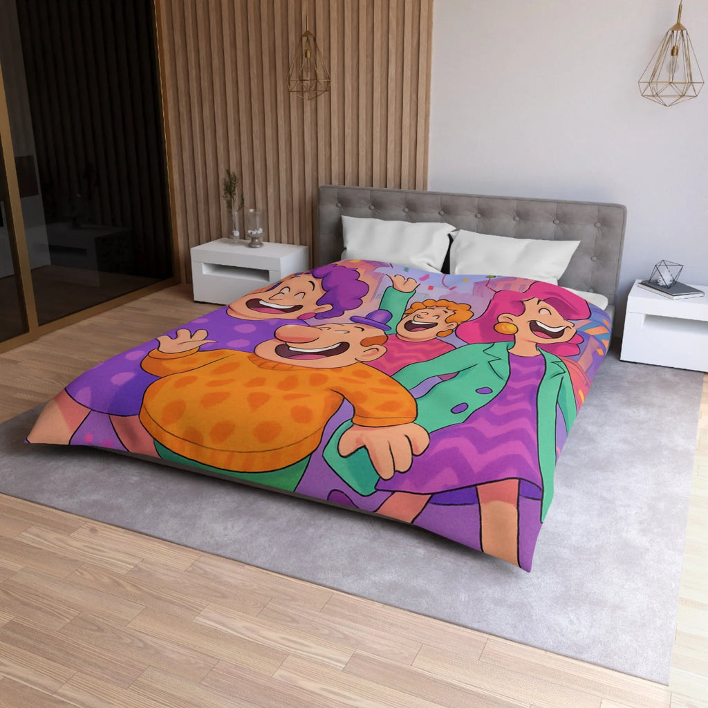 Housse de couette joyeuse avec personnages et ballons pour décoration festive chambre