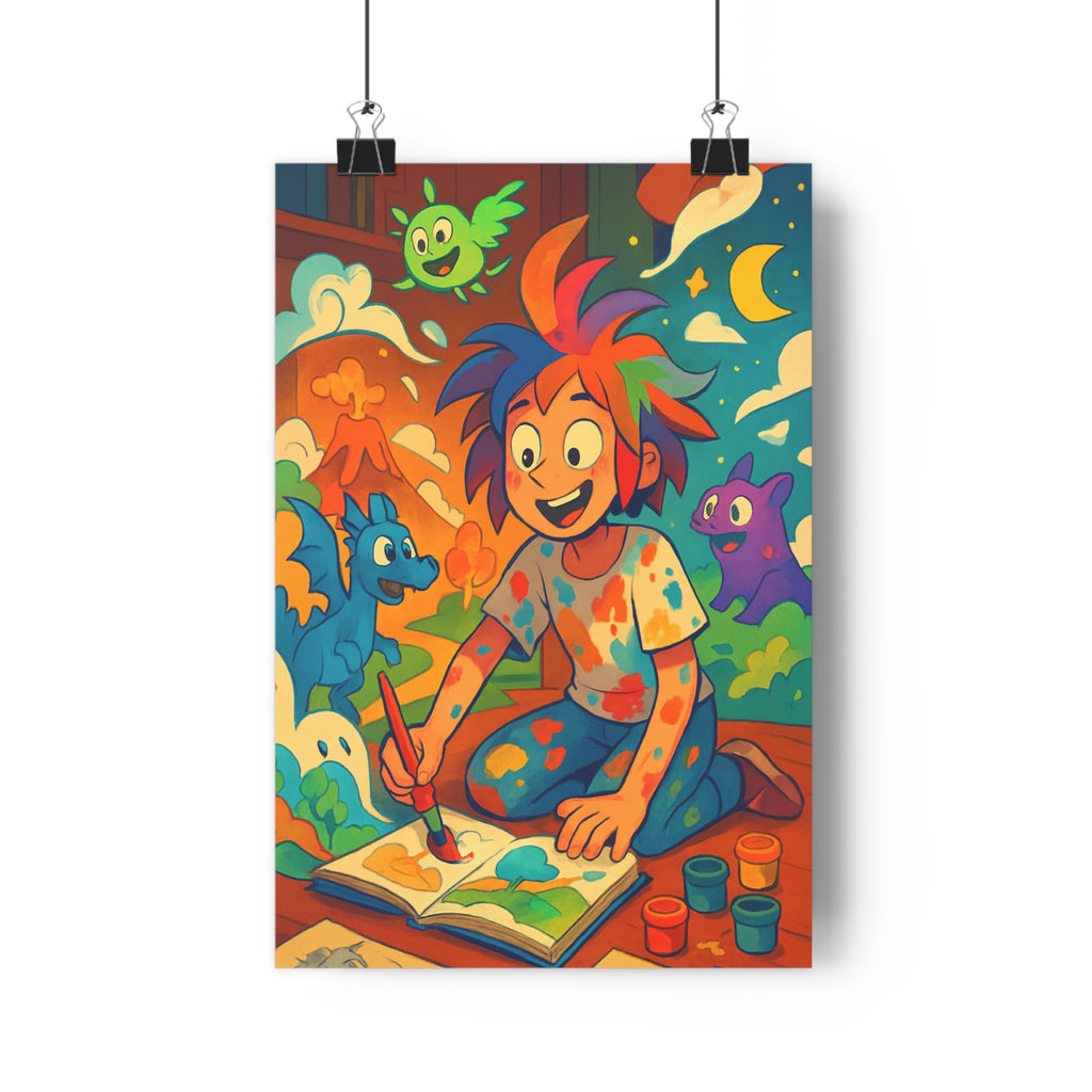 Poster décoratif enfant créatif bleu orange vert aventure joyeux moderne chambre dynamique illustration colorée
