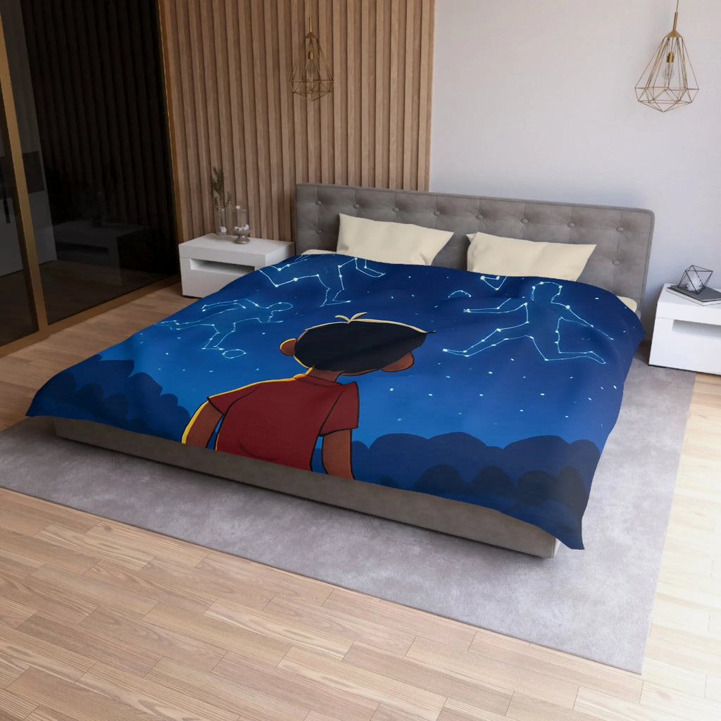 Housse de couette étoilée avec enfant rêvant de football sous ciel constellé