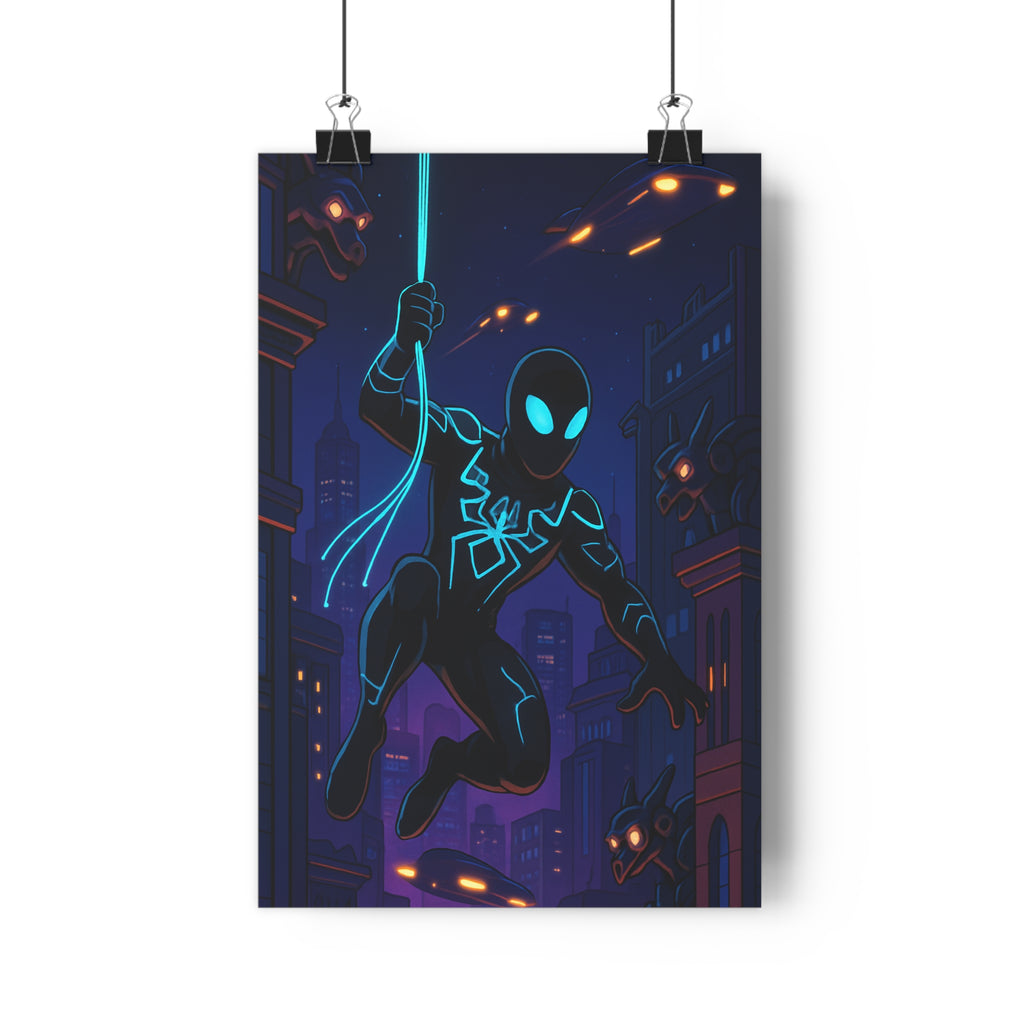 Poster décoratif urbain néogothique bleu noir chambre aventure héros futuriste ambiance lumineuse moderne qualité