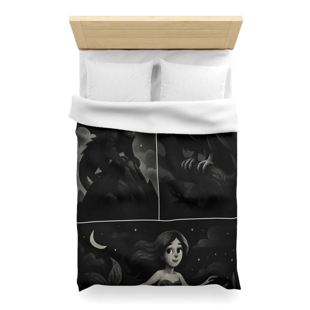 Housse de couette avec motifs de créatures fantastiques dragon, griffon et sirène en noir et gris