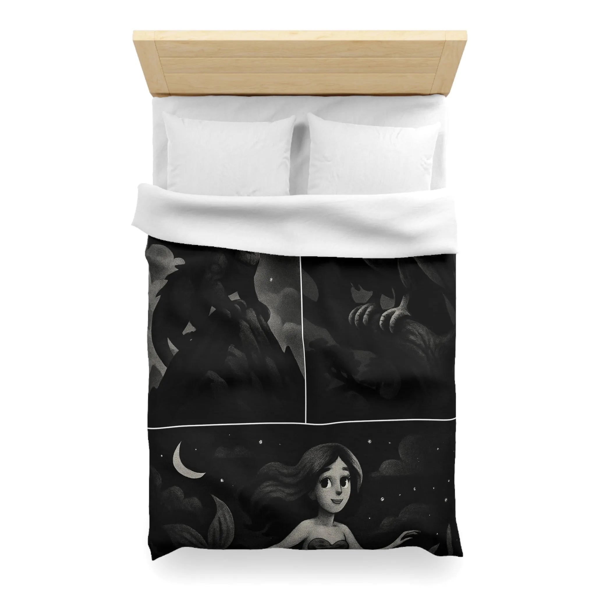 Housse de couette avec motifs de créatures fantastiques dragon, griffon et sirène en noir et gris