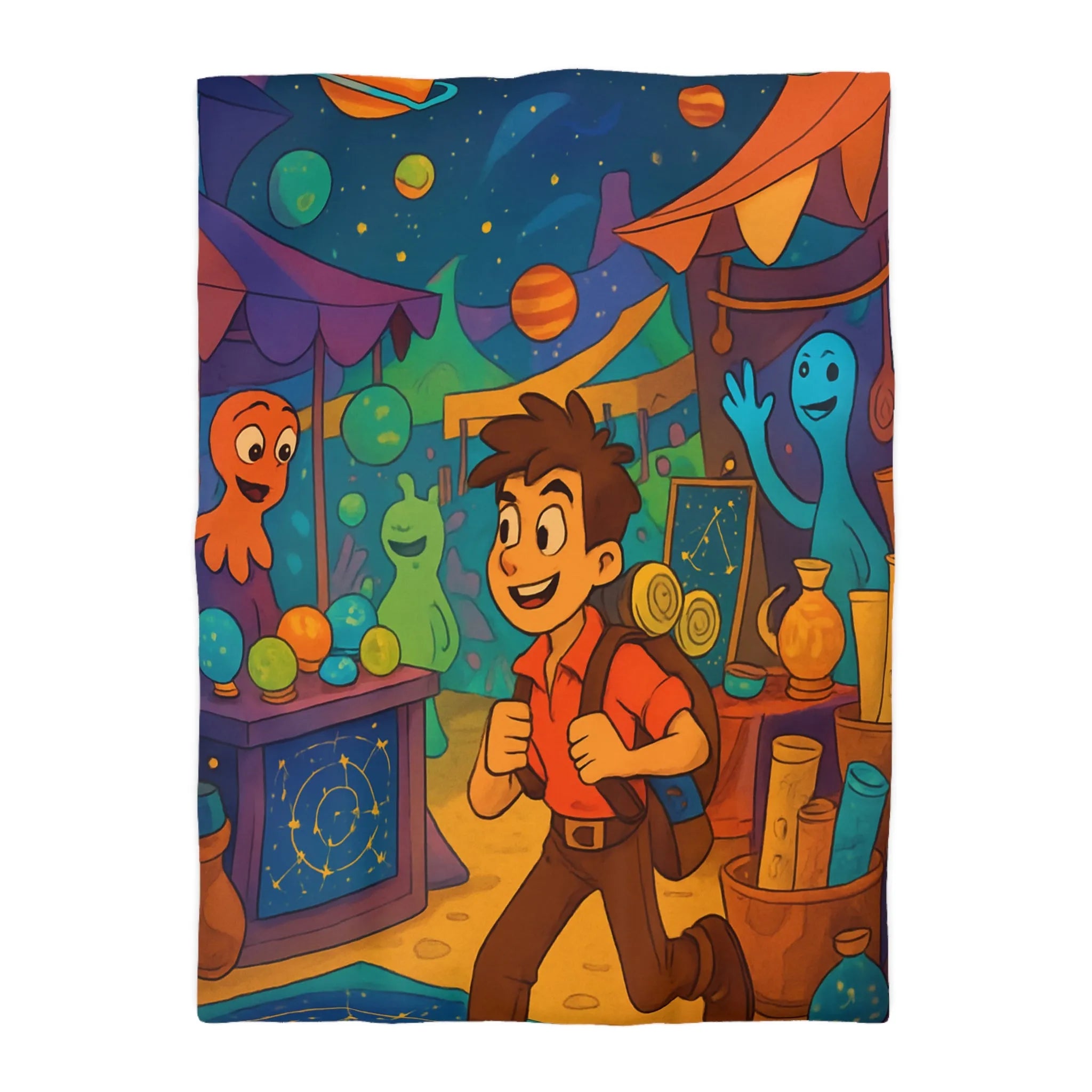 Housse de couette enfant monde fantastique avec planètes et créatures colorées