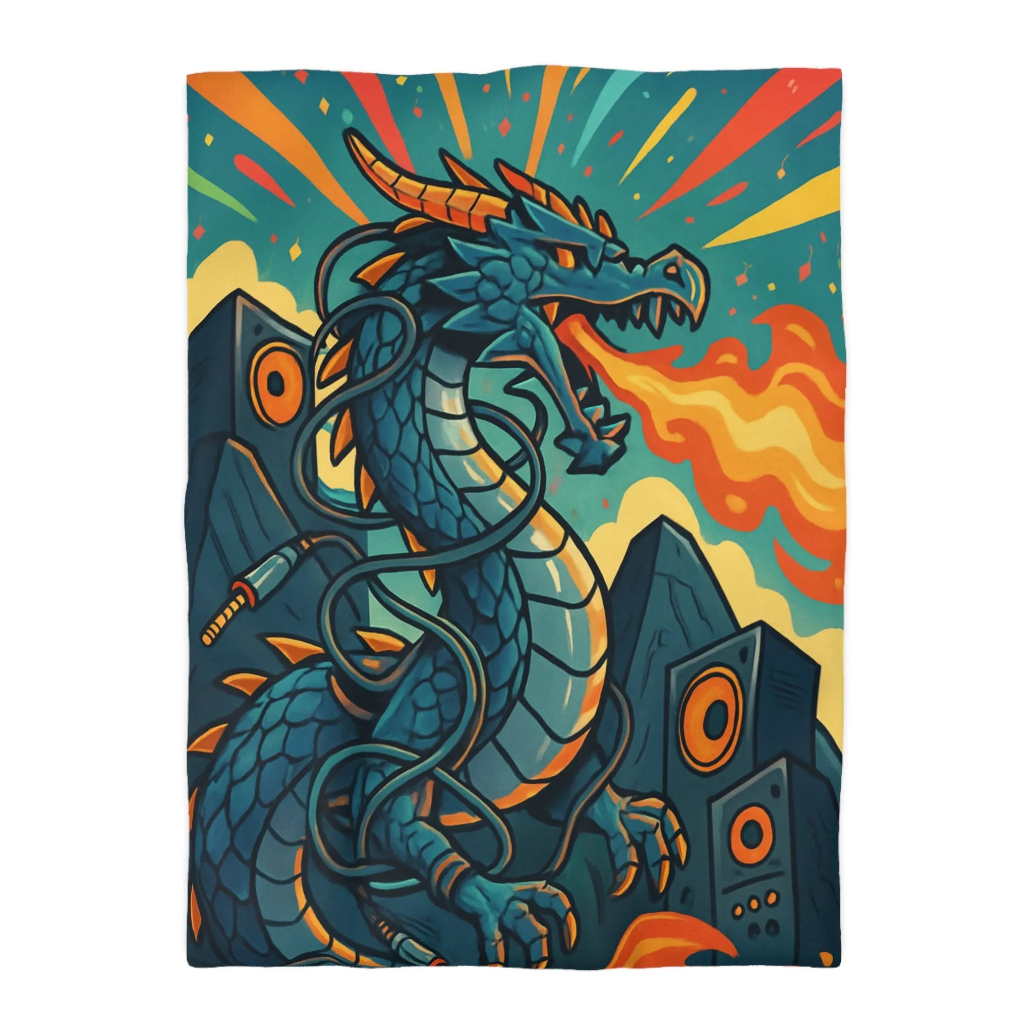 Housse de couette avec dragon fantaisie émettant flammes et musique vibrante rétro