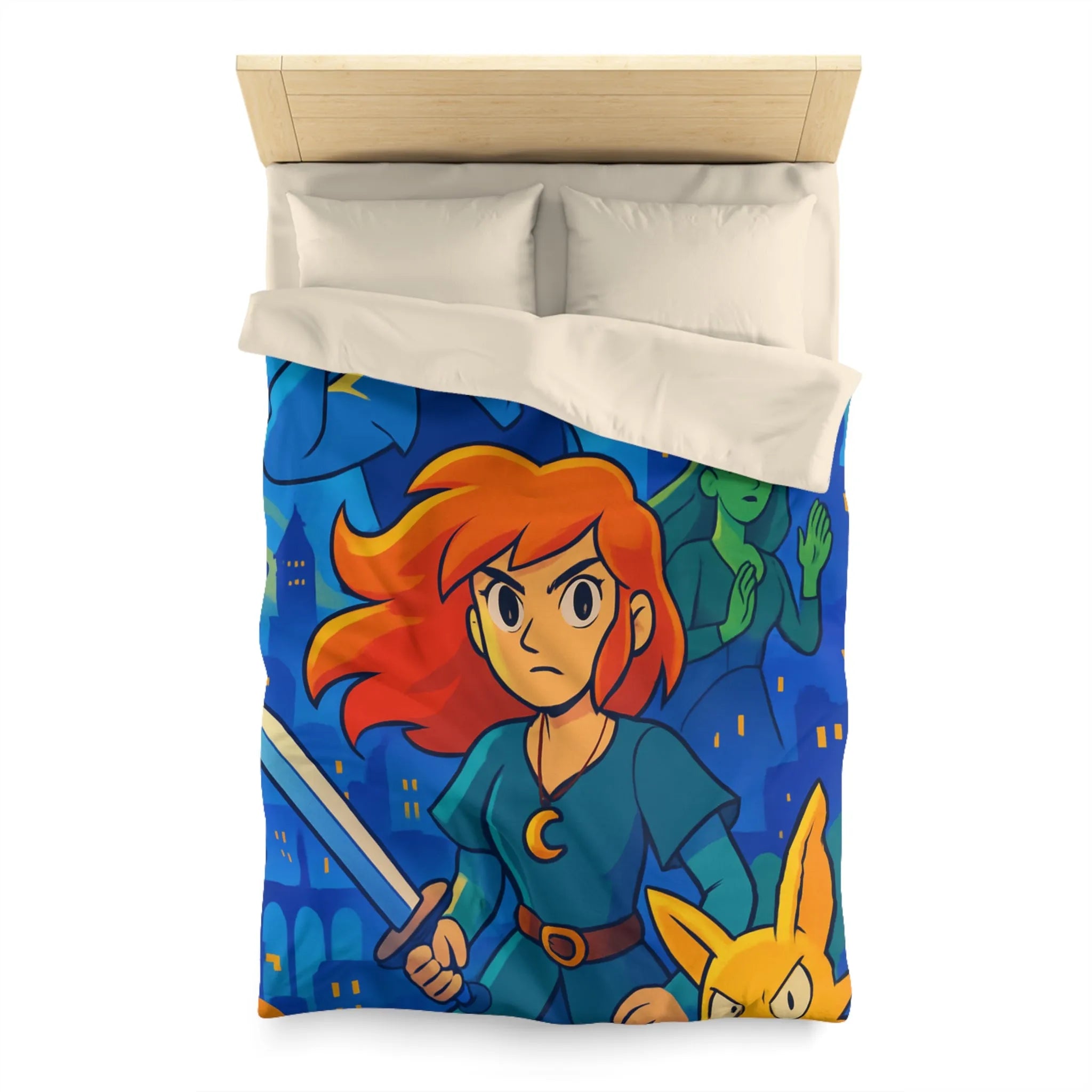 Housse de couette héroïque avec épée, ville nocturne et créatures fantastiques colorées