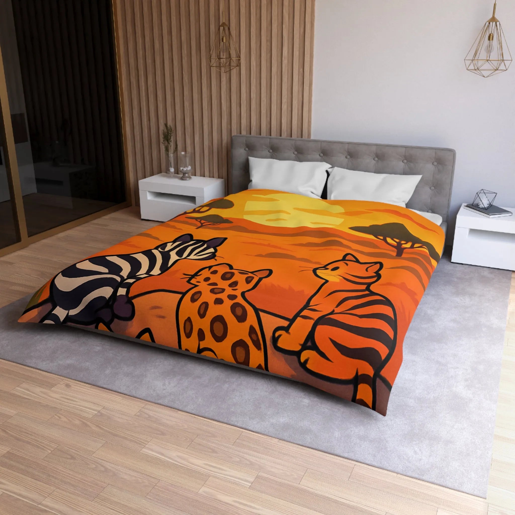 Housse de Couette avec Chats Sauvages Observant le Coucher de Soleil en Savane Africaine