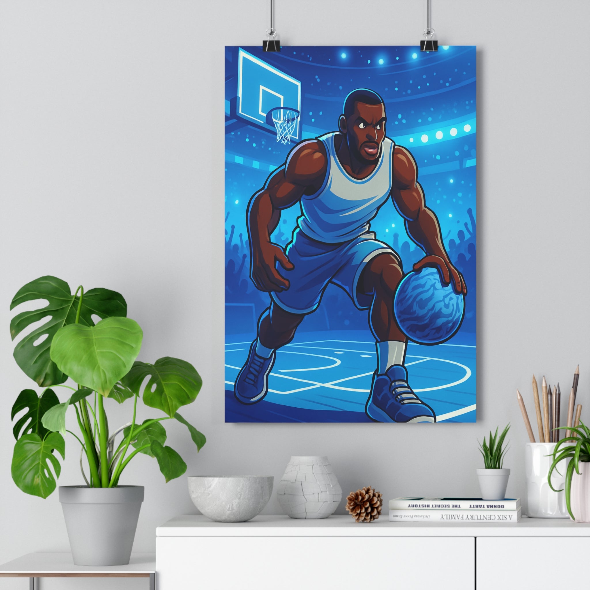 Poster décoratif dynamique basket bleu blanc moderne futuriste athlète chambre jeu 30x46 cm qualité