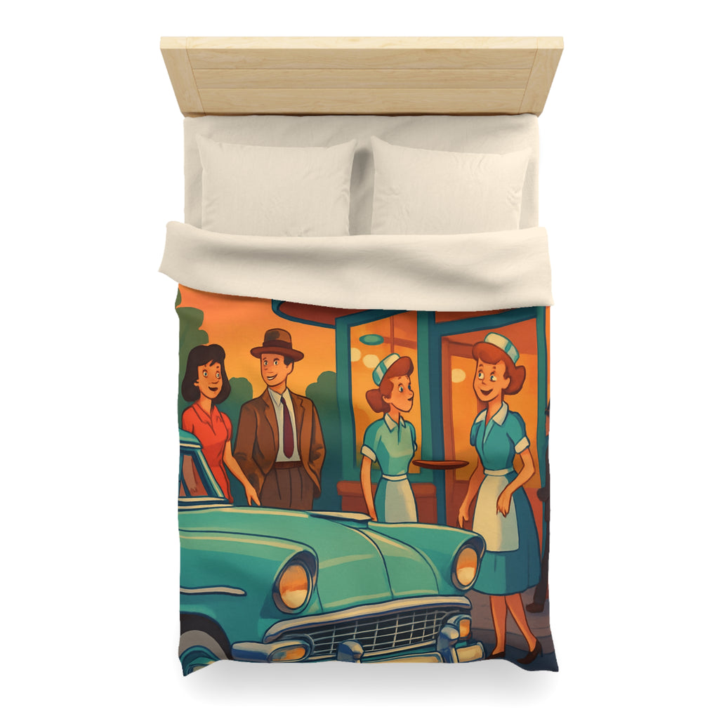 Housse de couette rétro avec illustration de café américain et voiture vintage