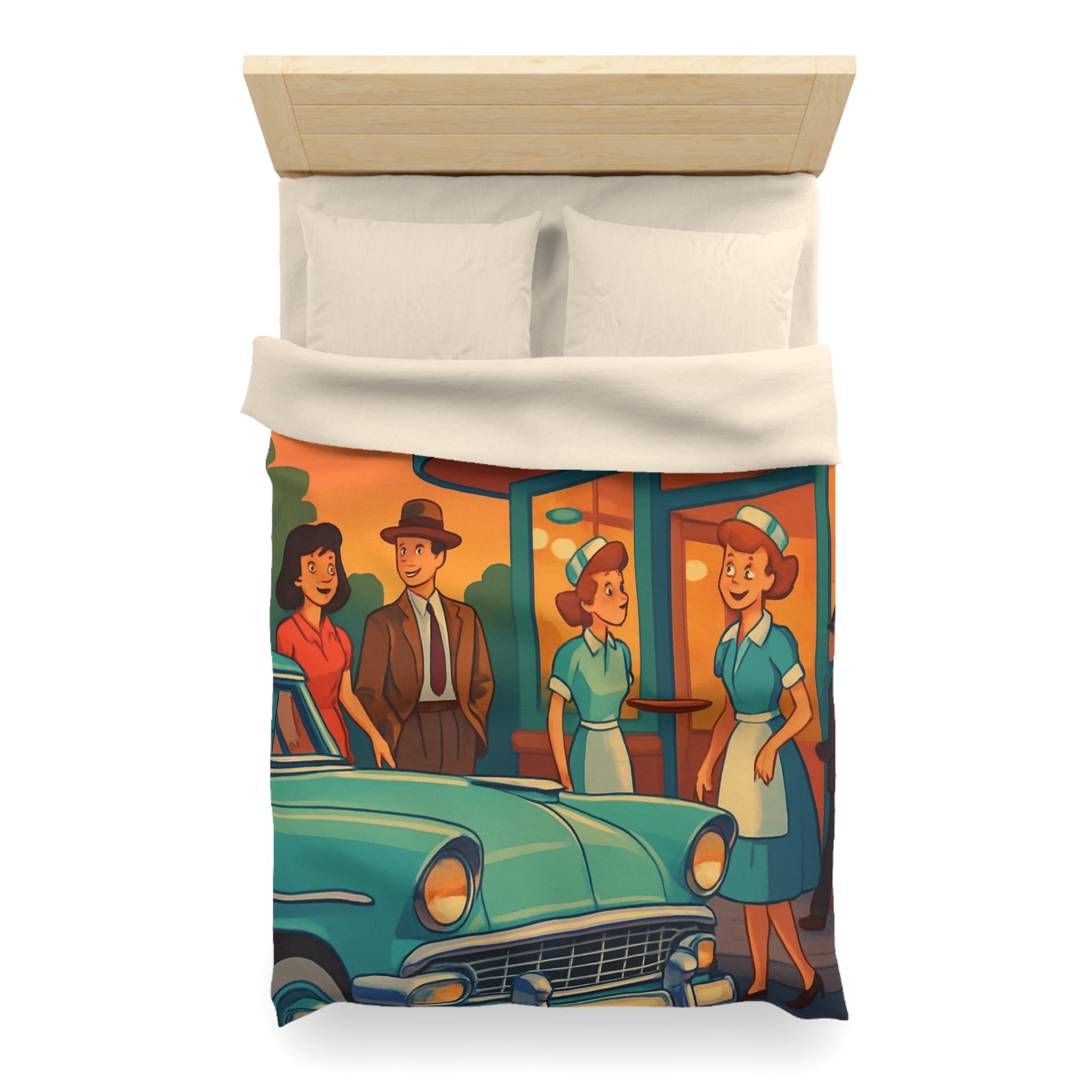 Housse de couette rétro avec illustration de café américain et voiture vintage