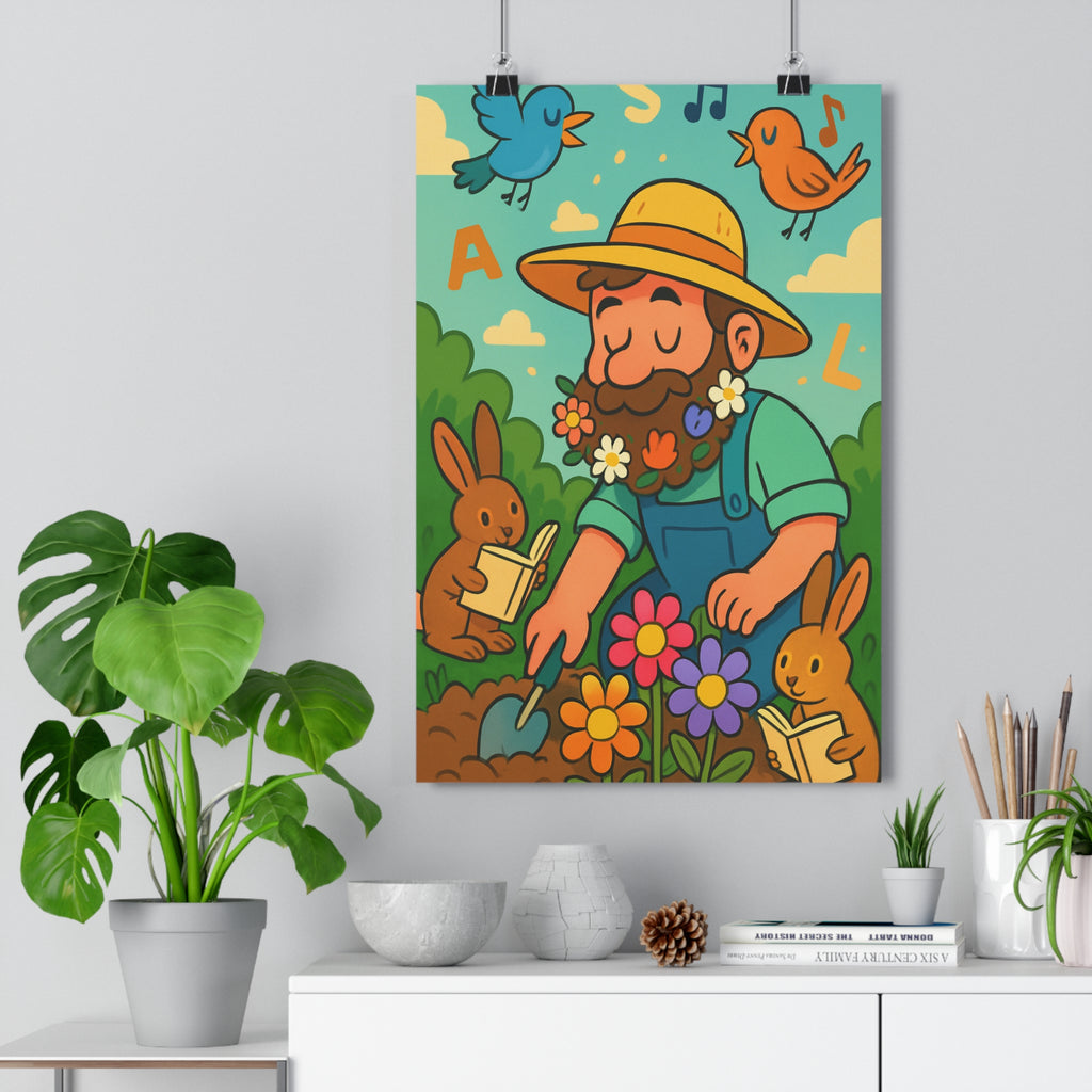Poster décoratif cartoon fleurs colorées jardinier joyeux enfant chambre éducatif vert orange 30x46 cm