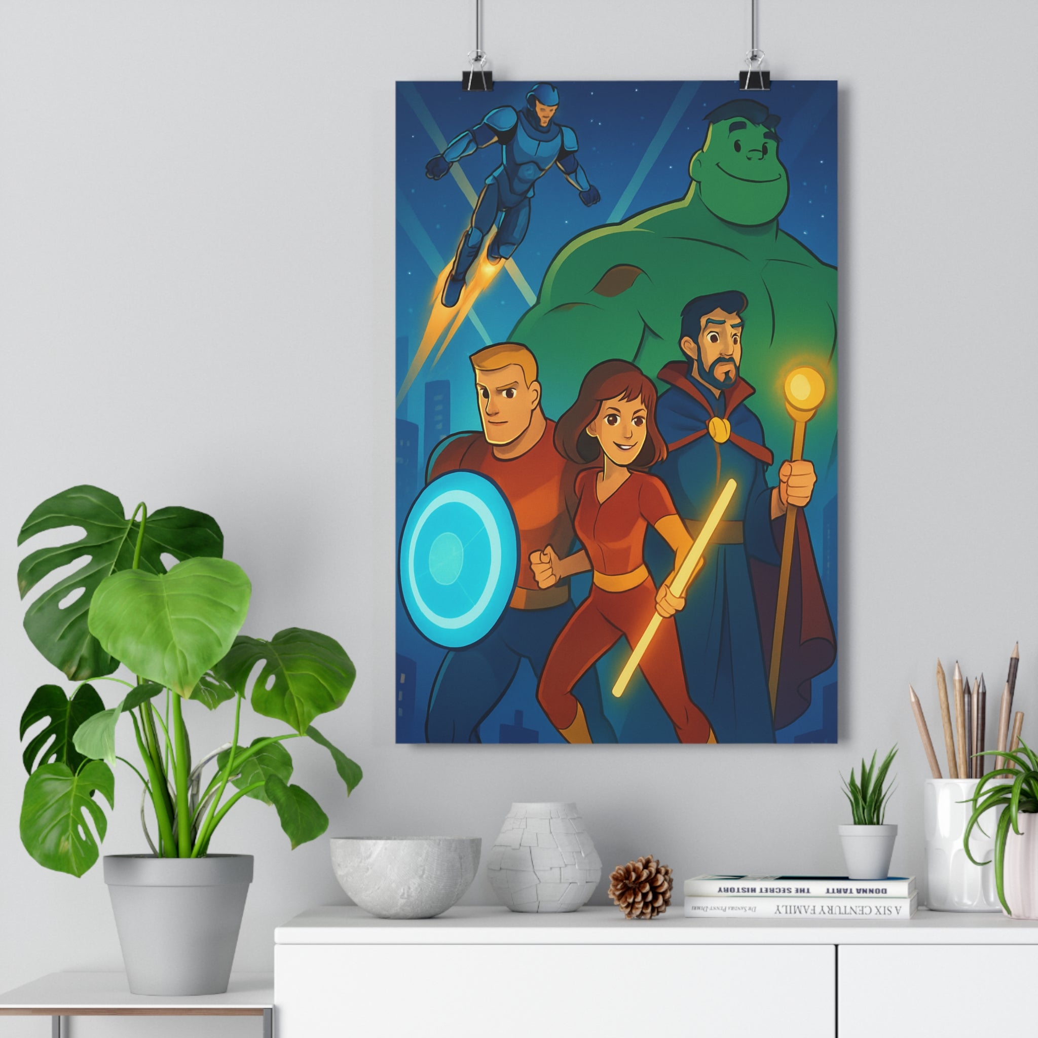 Poster décoratif vibrant coloré héros cartoon dynamique aventure chambre enfant 30x46 rouge bleu vert