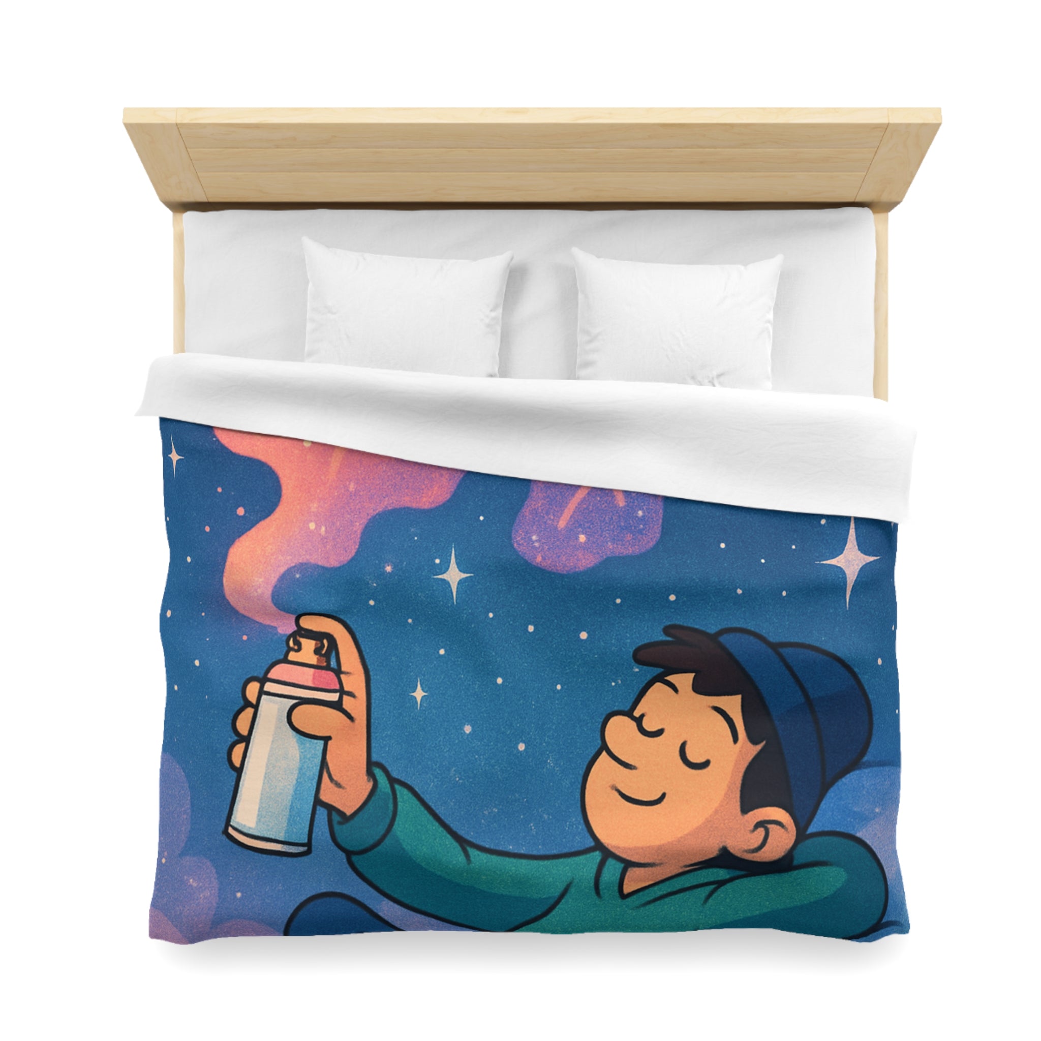 Housse de couette rêve étoilé avec jeune garçon et spray cosmique coloré