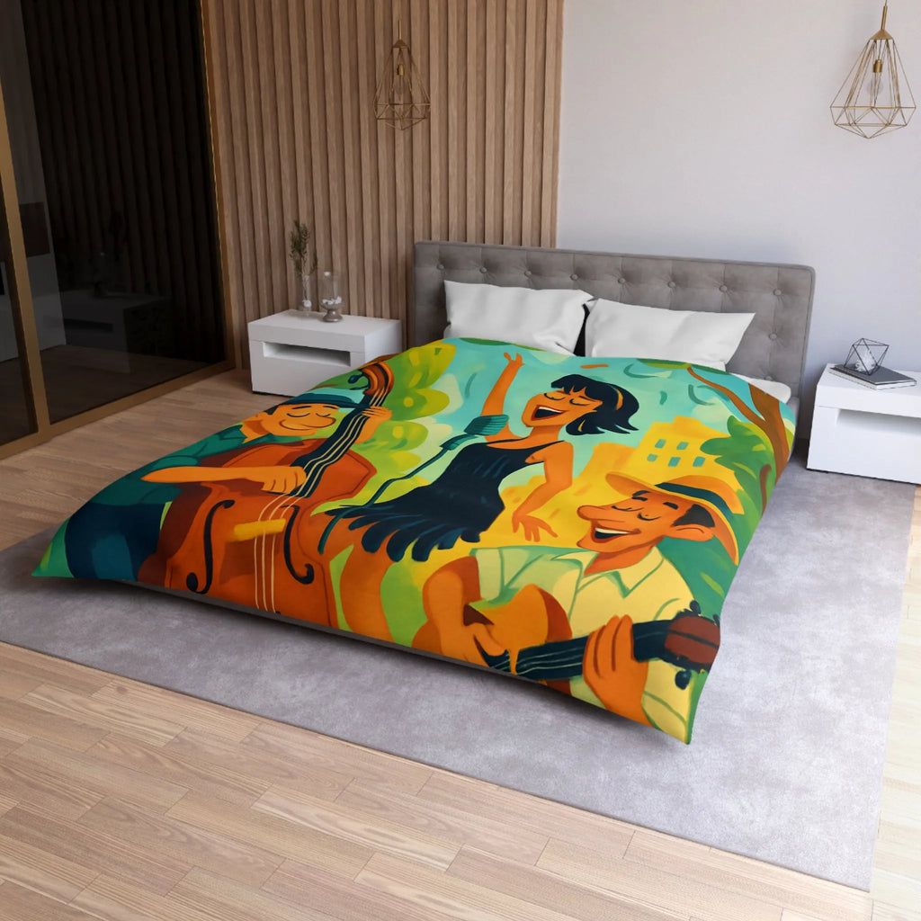 Housse de couette colorée avec scène musicale rétro dans un parc ensoleillé