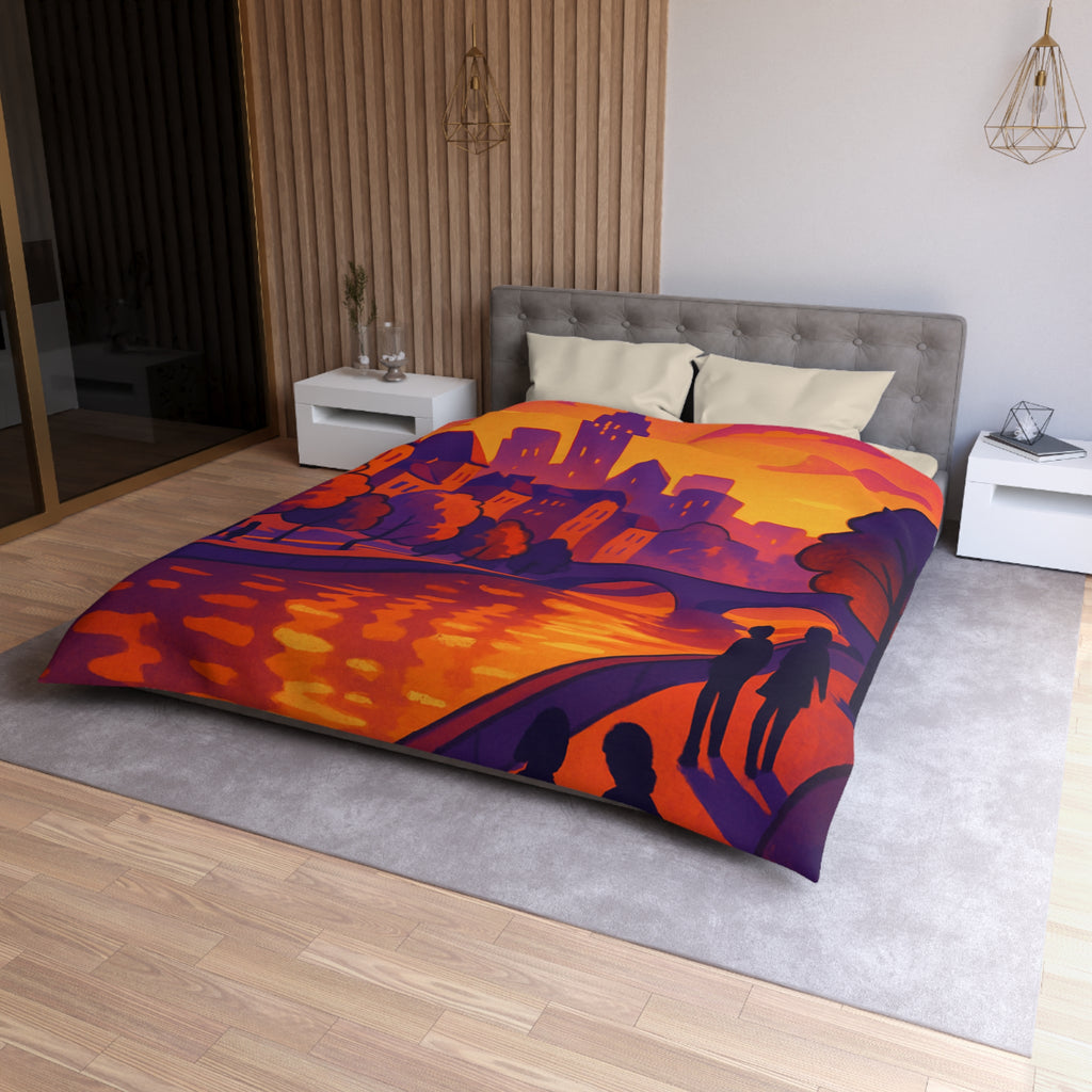 Vibrant paysage urbain crépusculaire avec silhouettes et rivière pour housse de couette