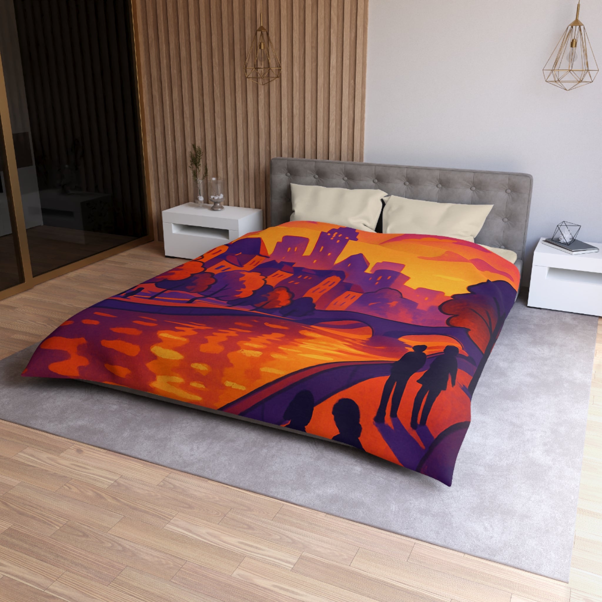 Vibrant paysage urbain crépusculaire avec silhouettes et rivière pour housse de couette