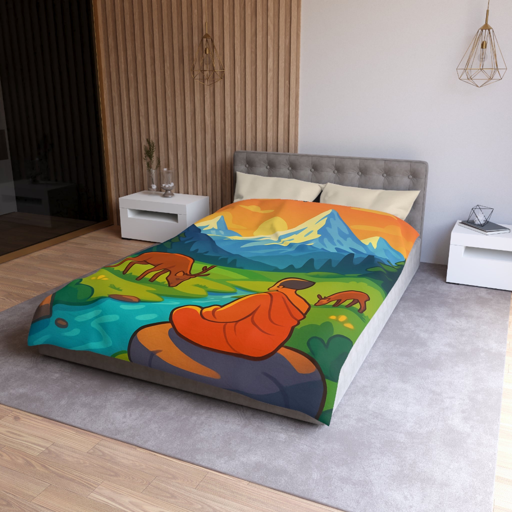 Housse de couette zen avec paysage montagneux, moine, cerfs et rivière tranquille