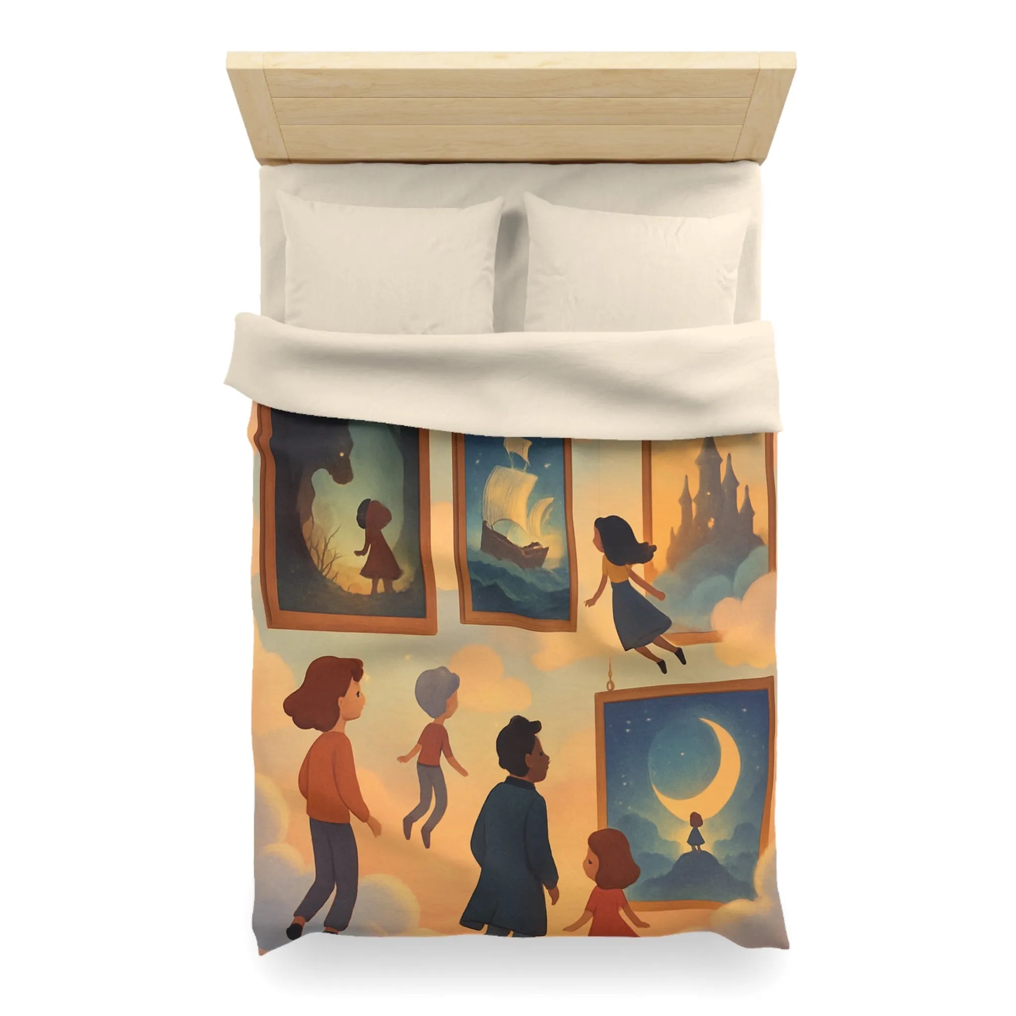 Housse de couette avec enfants volant parmi des tableaux de contes et de rêves