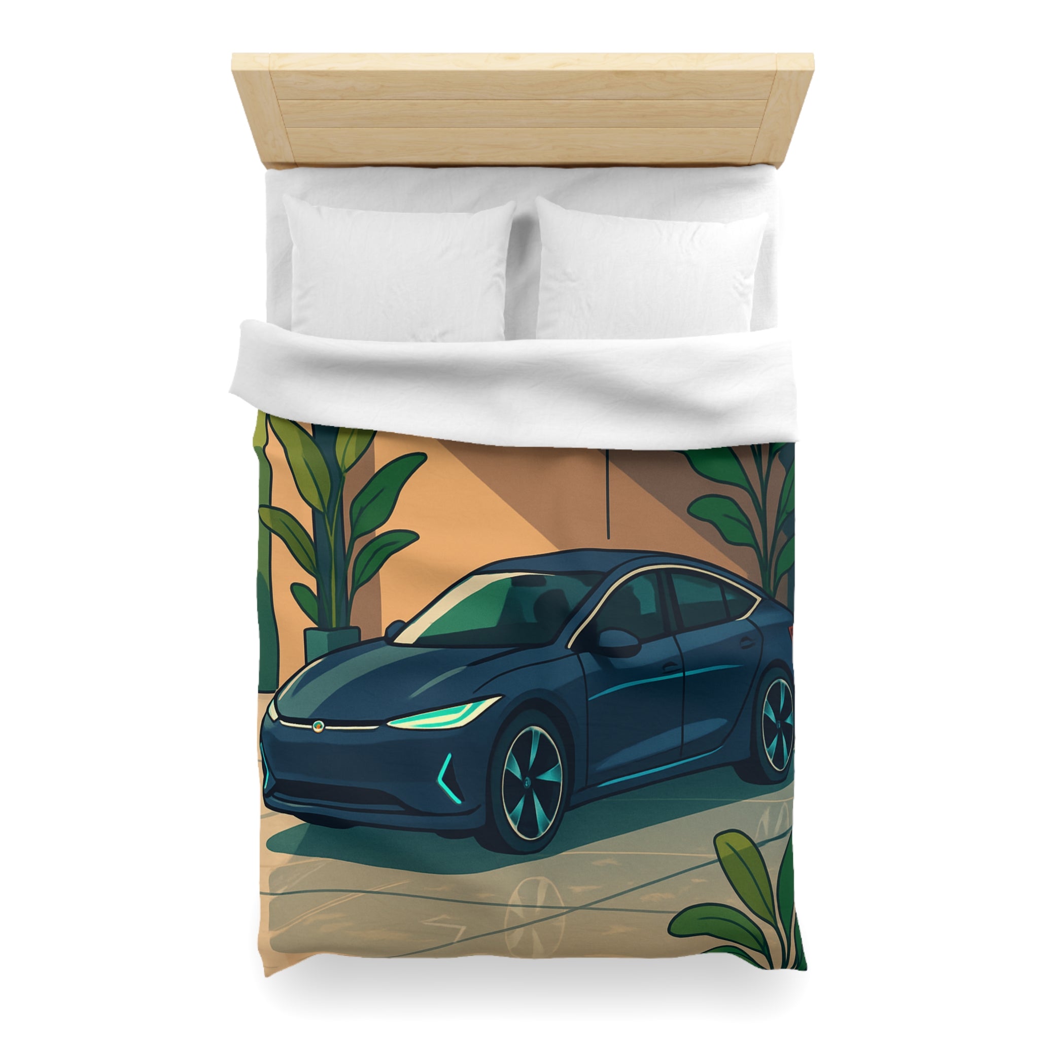 Housse de Couette Moderne avec Voiture et Plantes Vertes pour Design Chic Urbain