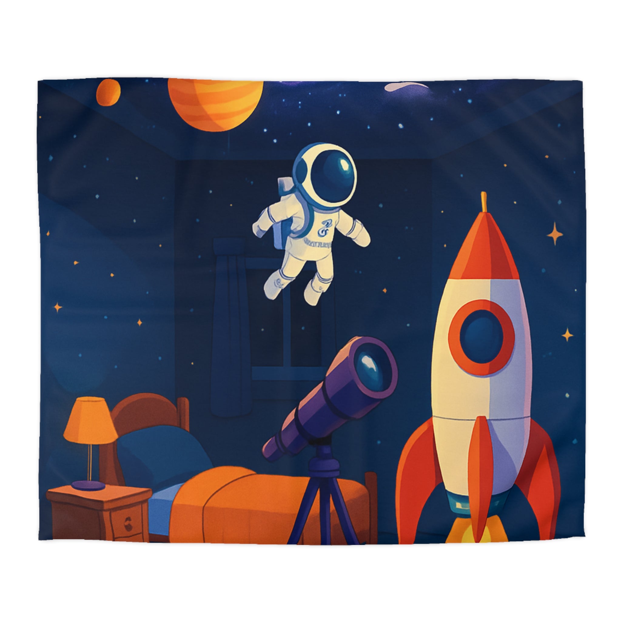 Housse de Couette Spatiale Enfant avec Astronaute Fusée et Planètes Colorées