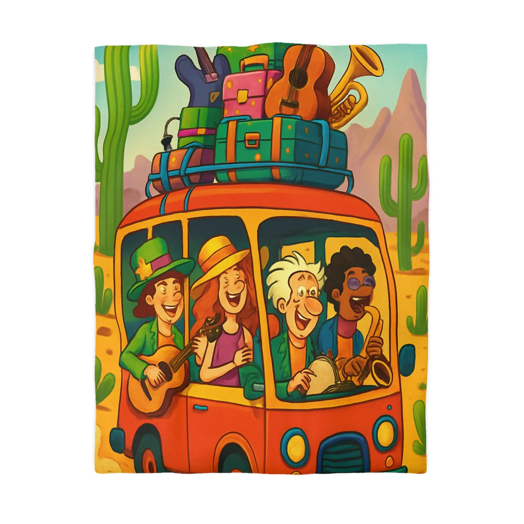 Housse de couette colorée avec paysage désertique, cactus et van musical joyeux