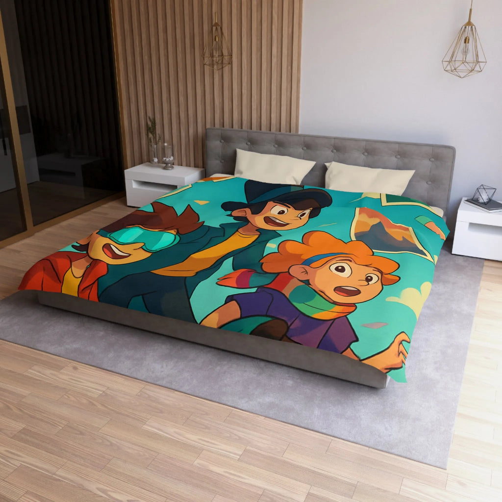 Housse de couette colorée avec enfants explorateurs et illustrations de paysages flottants