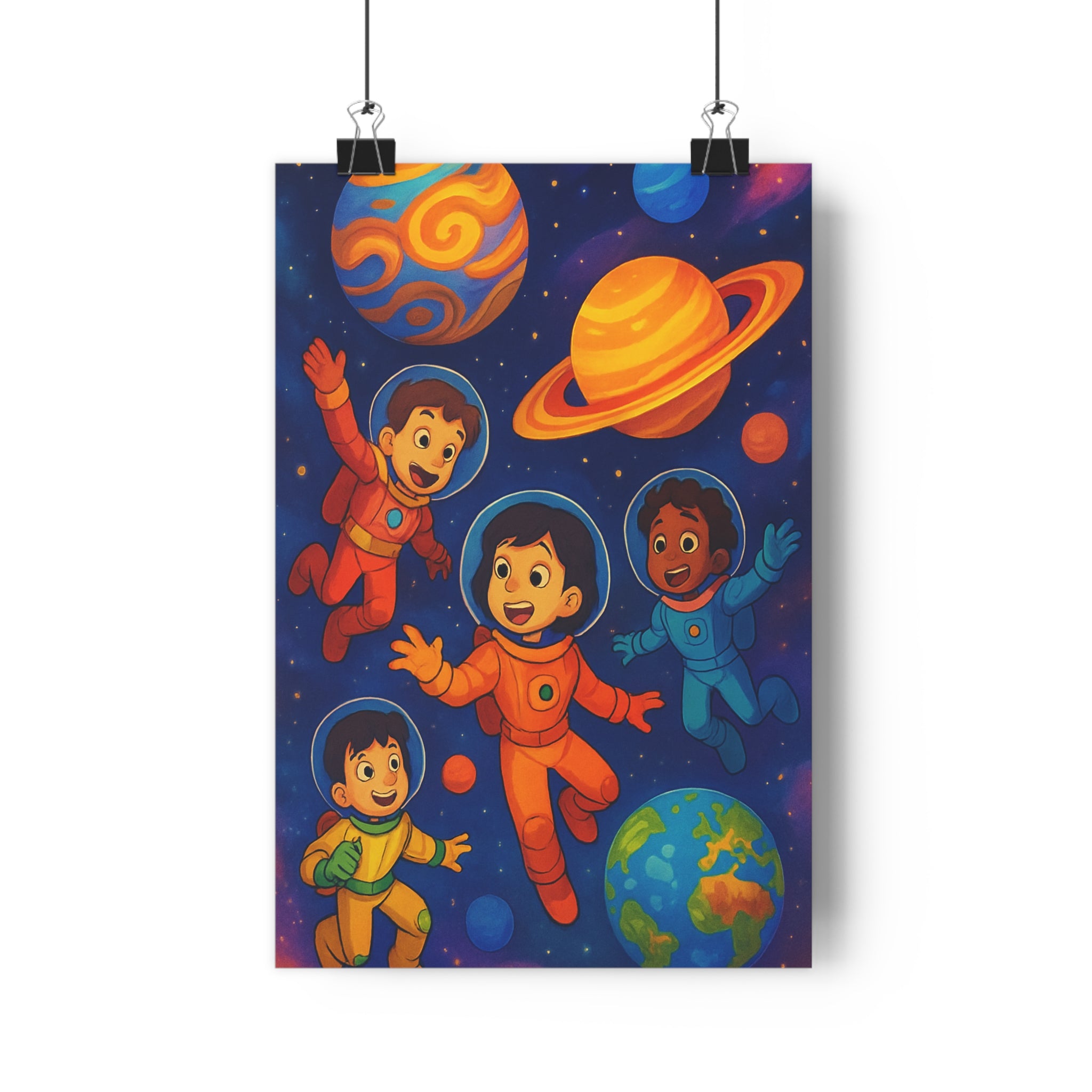Poster décoratif enfant espace cartoon joyeux astronaute planète coloré chambre bleu orange étoiles qualité