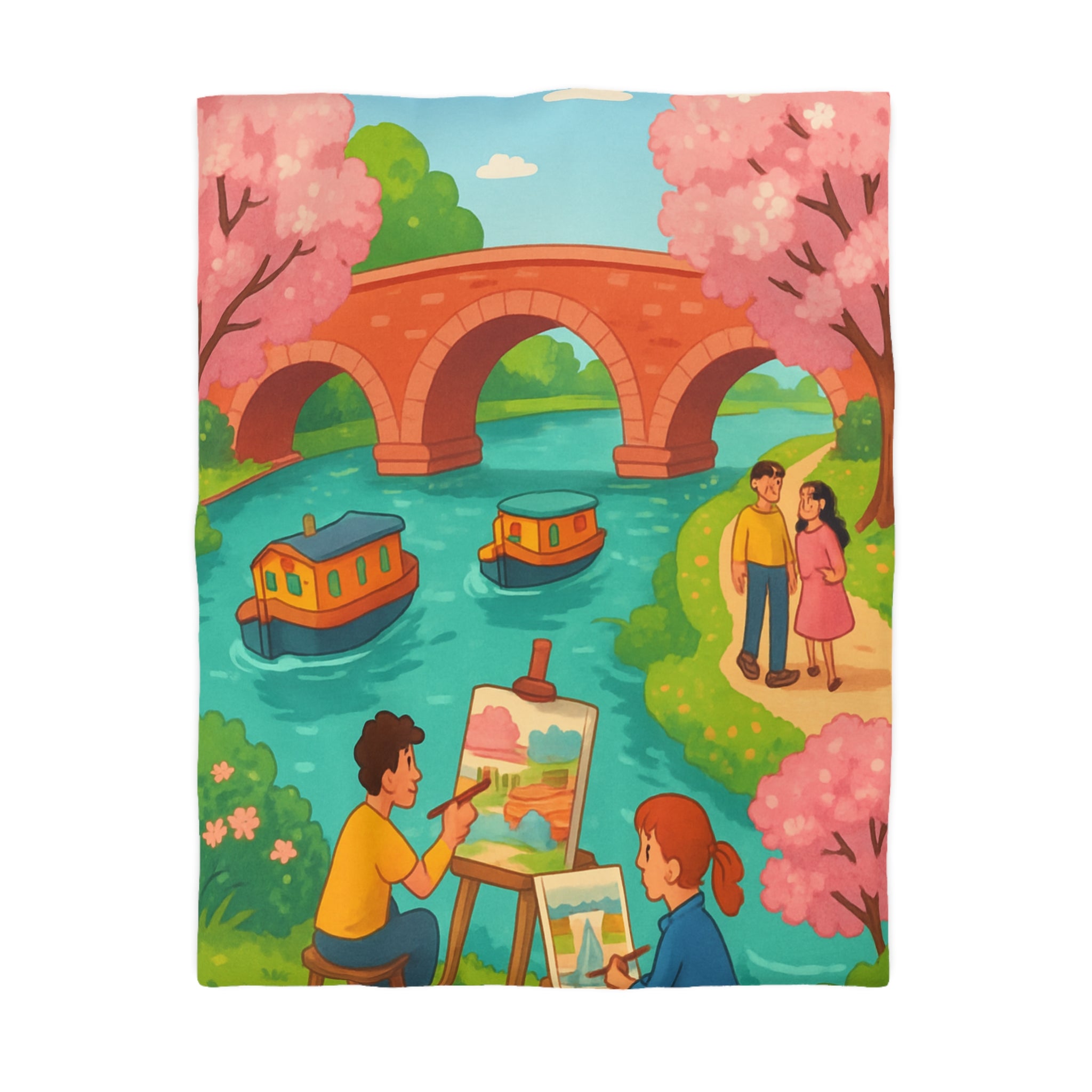 Housse de couette printemps campagne avec paysage pont, arbres en fleurs, artistes peignant