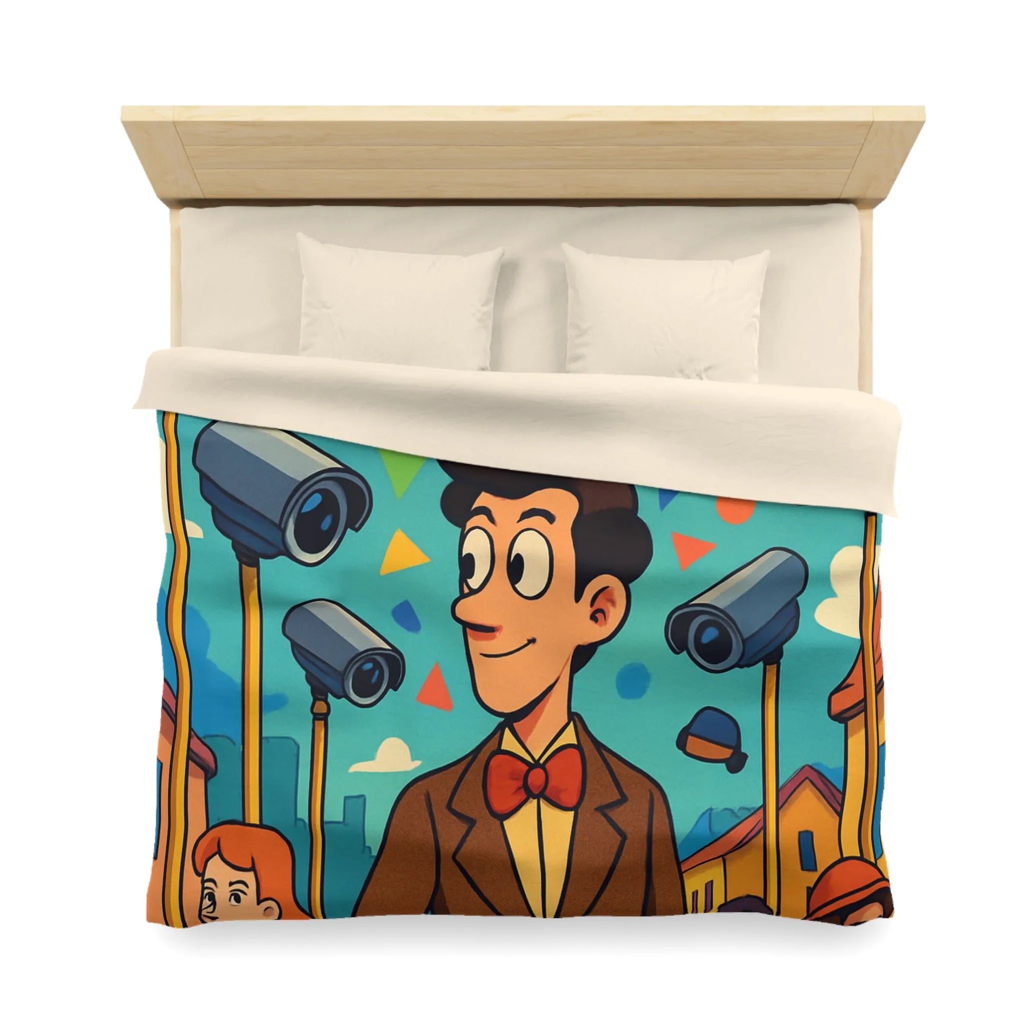 Housse de couette colorée avec motifs géométriques et personnages sous caméras de surveillance