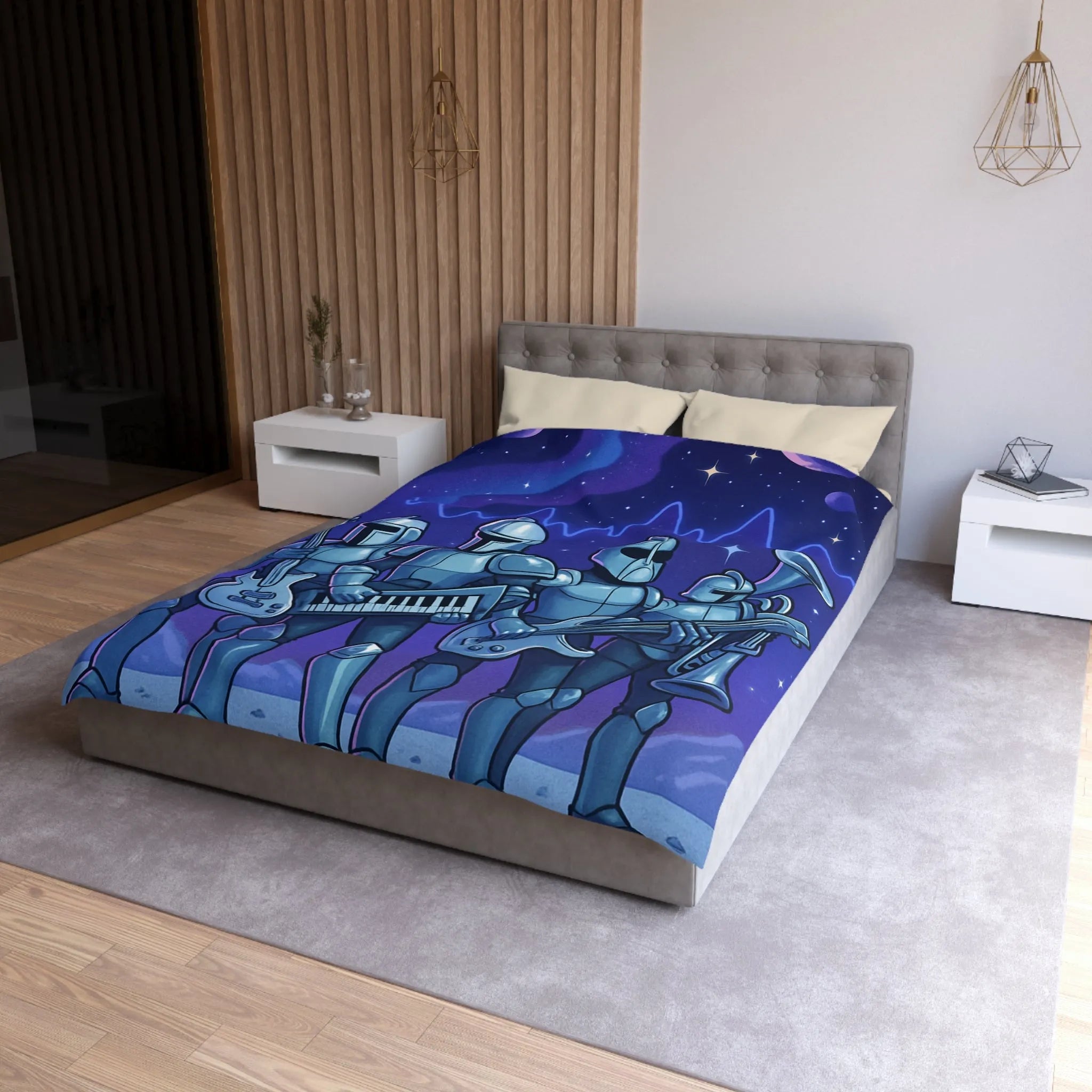 Housse de couette futuriste avec chevaliers musiciens sur fond spatial étoilé galactique
