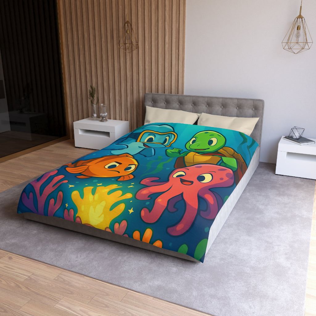 Housse de couette océan joyeux avec dauphin, tortue, poisson et pieuvre colorée