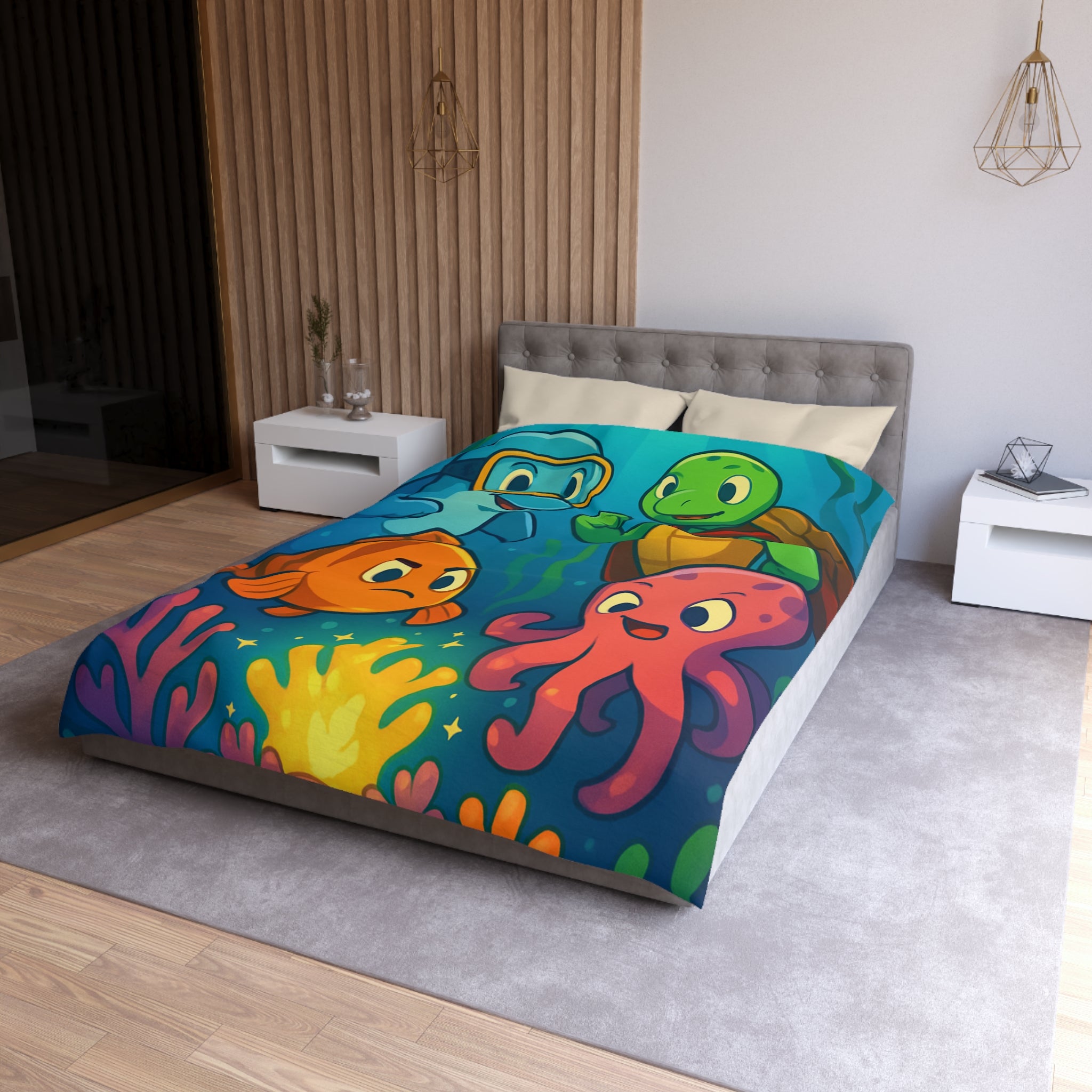 Housse de couette océan joyeux avec dauphin, tortue, poisson et pieuvre colorée