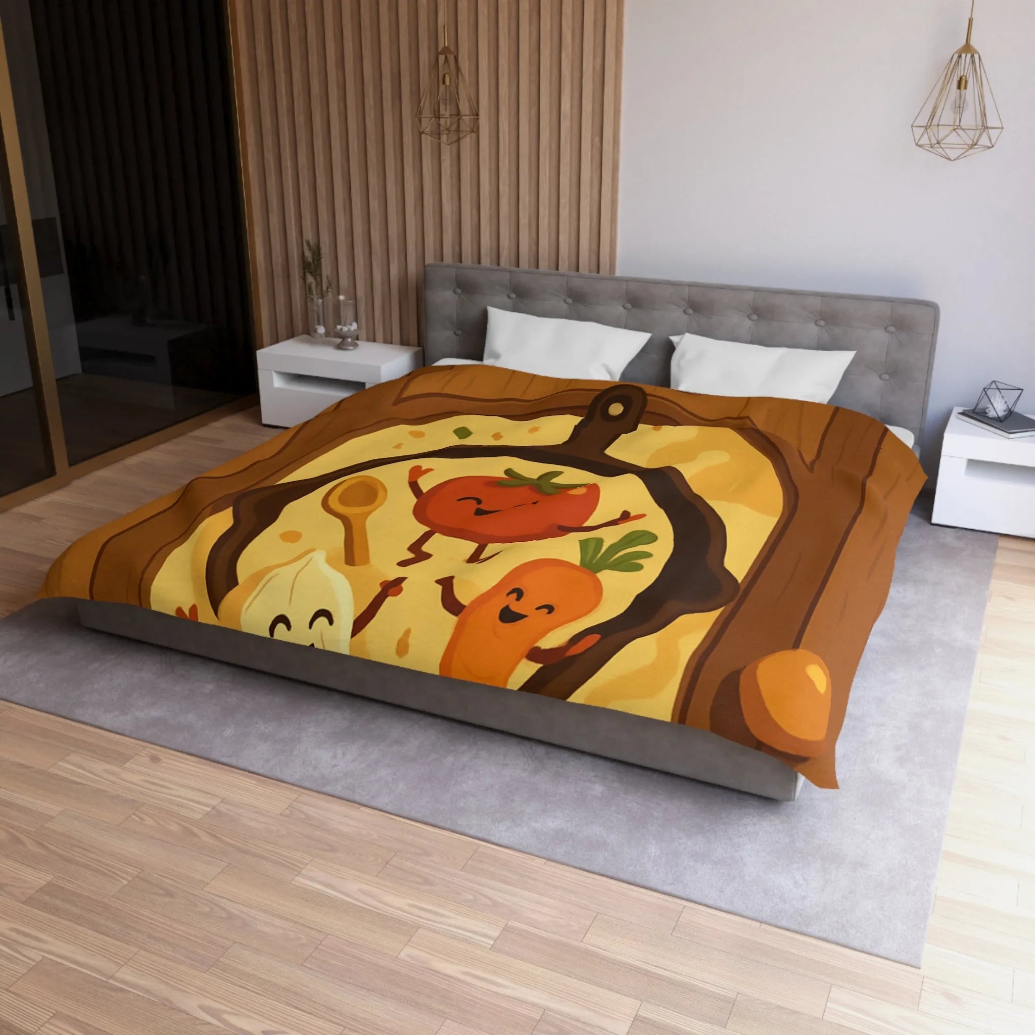 Housse de couette joyeuse avec légumes dans une poêle ambiance cuisine chaleureuse