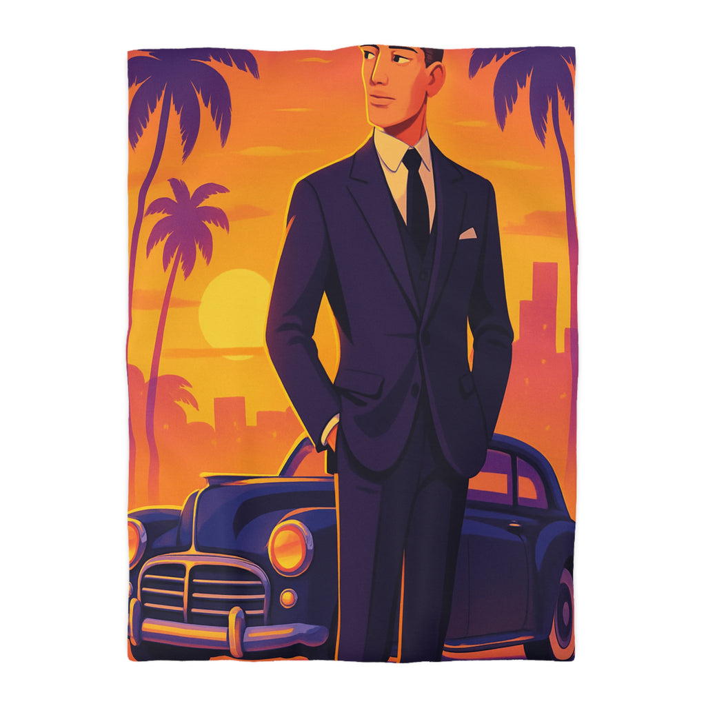 Housse de couette vintage avec homme élégant devant voiture classique au coucher du soleil