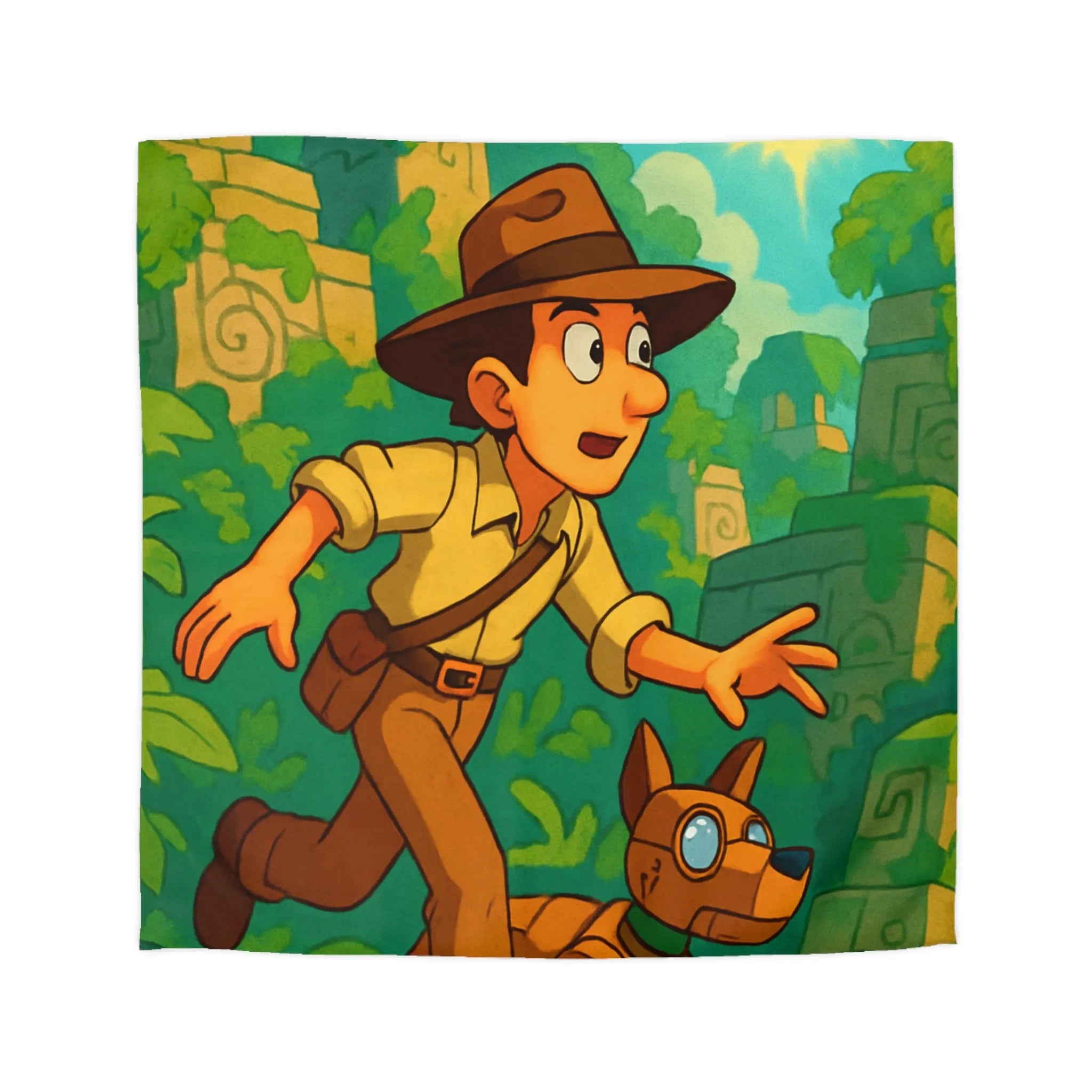Housse de couette aventure jungle avec personnage explorateur et chien robotique animé