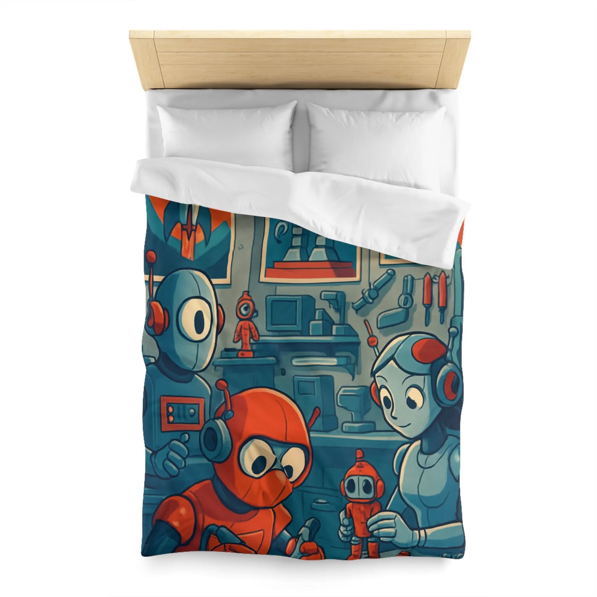 Housse de Couette Adorable Atelier de Robots pour Enfants au Look Rétro Futuriste