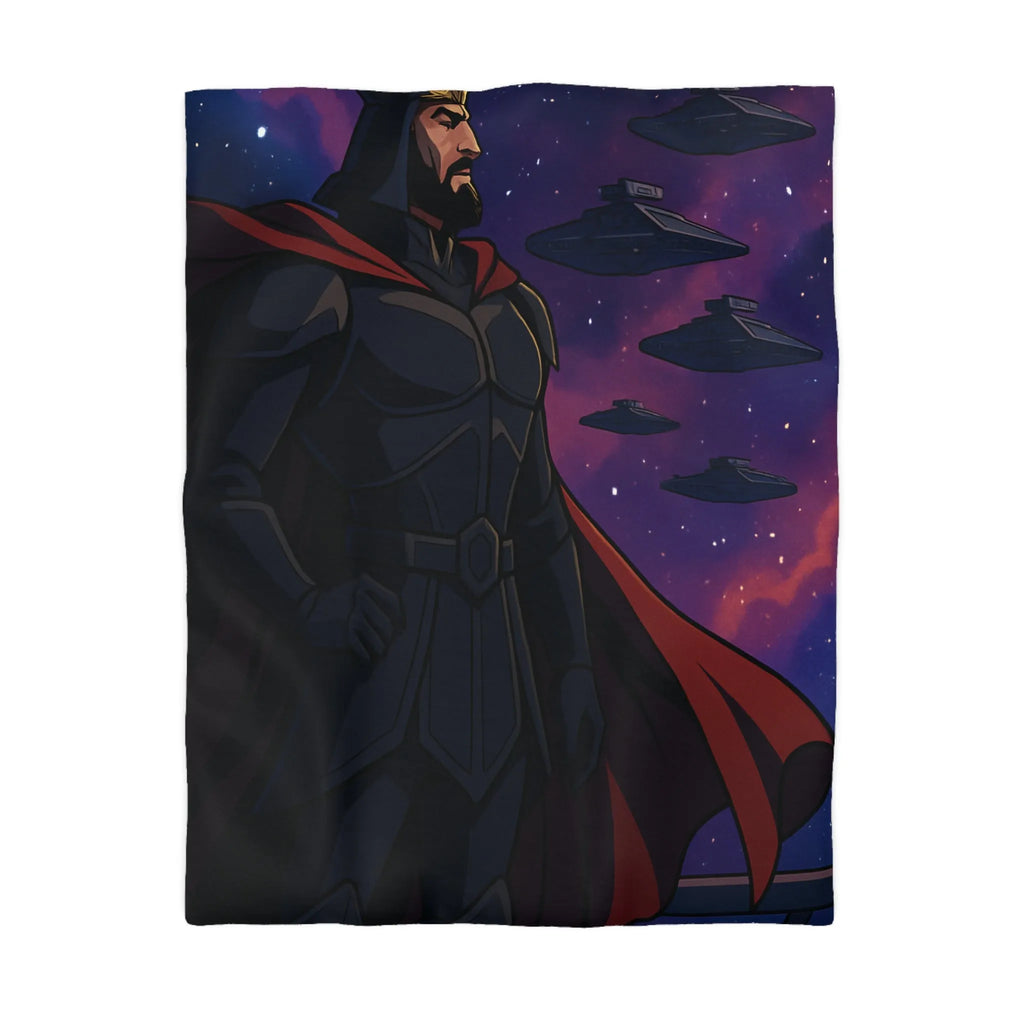Housse de couette épique guerre galactique avec personnage en cape et vaisseaux spatiaux