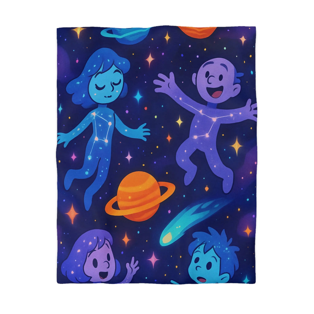 Housse de couette enfants thème espace cosmos personnages flottants planètes étoiles coloré