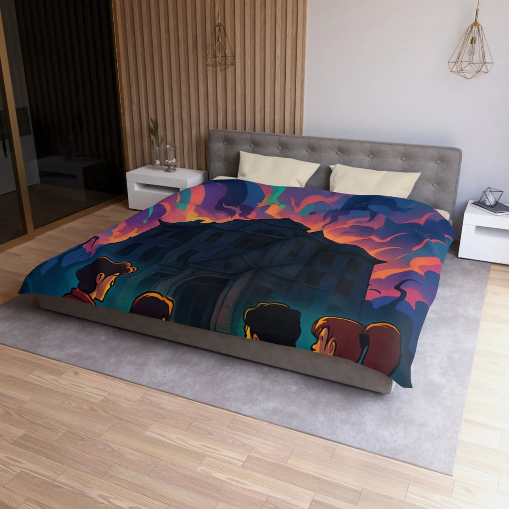 Housse de couette colorée avec maison hantée et nuages effrayants pour chambre inspirée