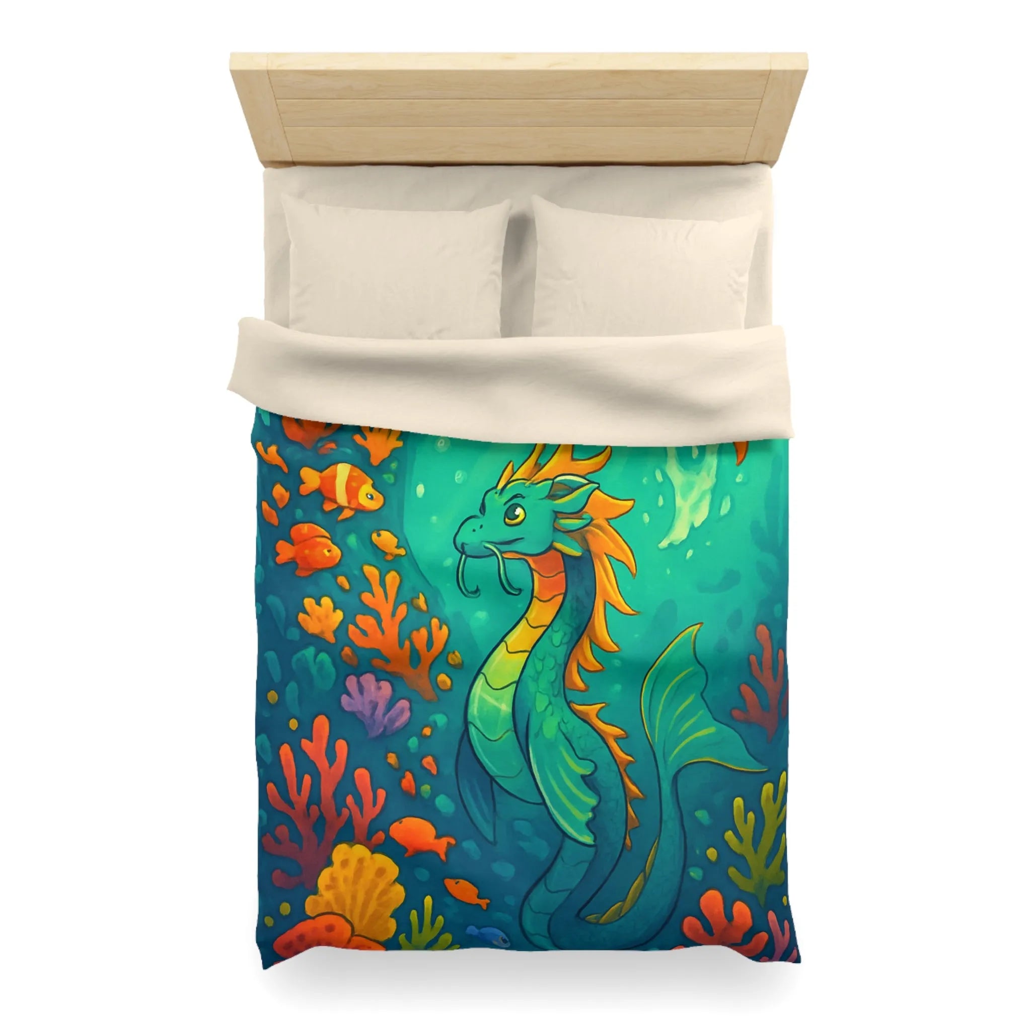 Housse de couette avec dragon marin et poissons dans des eaux colorées vibrantes
