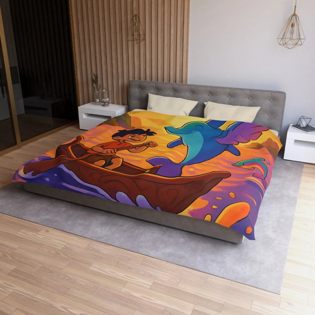 Housse de Couette Enfant : Dauphin Bleu, Aventure en Barque, Coucher de Soleil