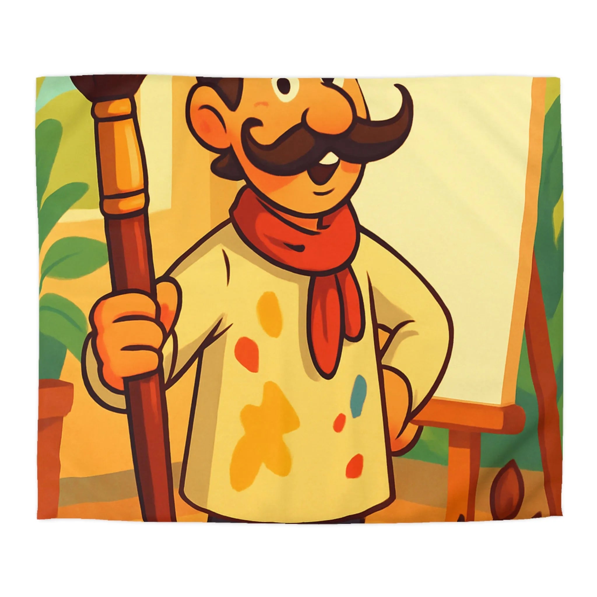 Housse de couette artiste moustachu amusant avec chevalet, pinceaux et pots de peinture