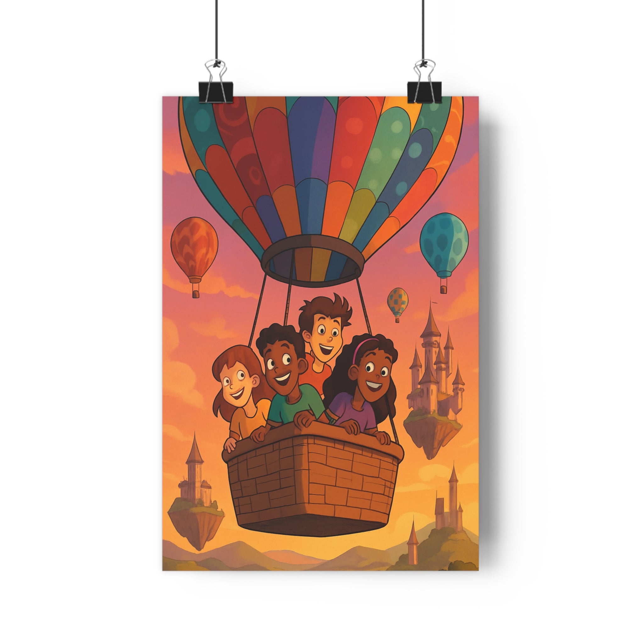 Poster décoratif enfant couleur pastel fantastique aventure chambre montgolfière magique rêveuse joyeuse 30x46 cm