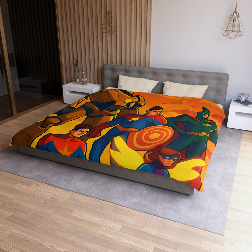 Housse de couette super-héros en costumes colorés avec coucher de soleil épique en arrière-plan