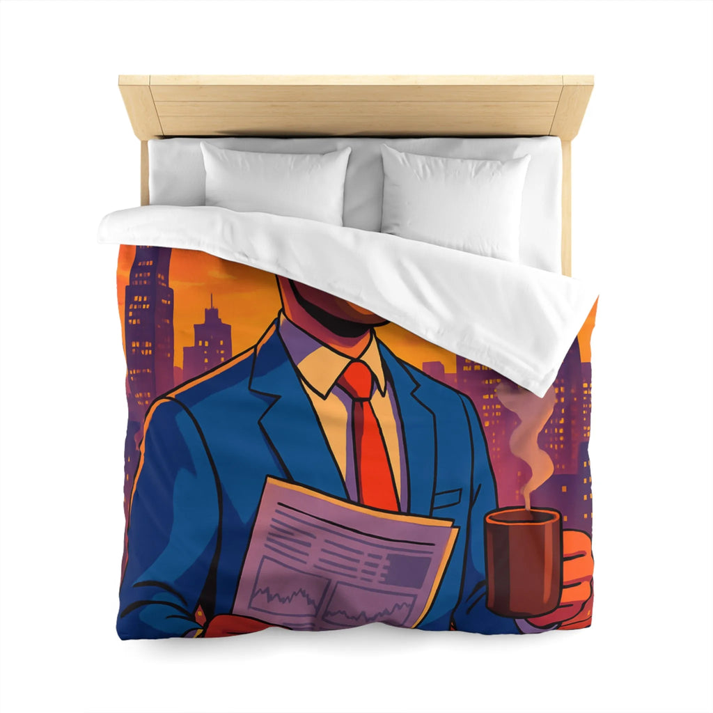 Housse de couette élégante avec silhouette urbaine et homme au coucher de soleil